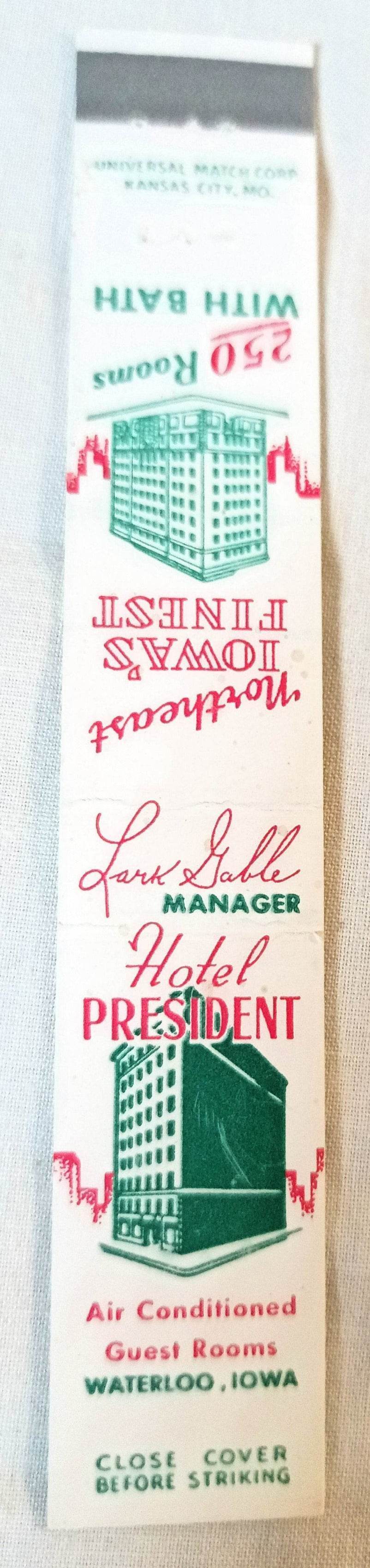 Hotel President Downtown Waterloo Iowa Matchbook Cover 1950's - TulipStuff