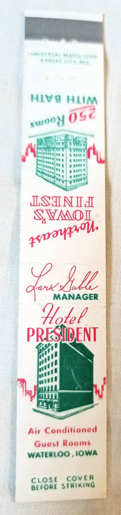 Hotel President Downtown Waterloo Iowa Matchbook Cover 1950's - TulipStuff