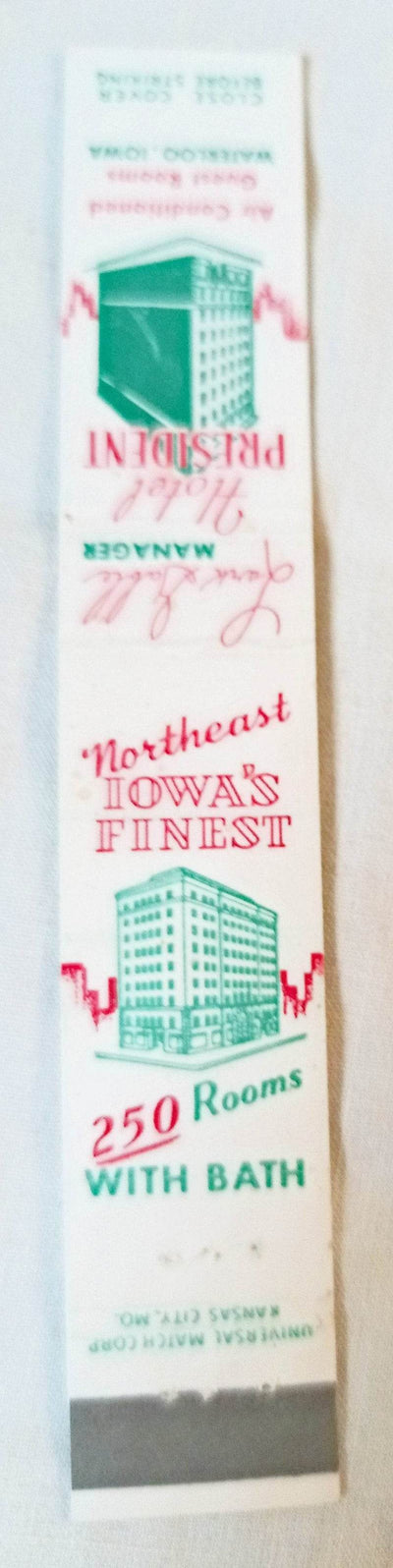 Hotel President Downtown Waterloo Iowa Matchbook Cover 1950's - TulipStuff