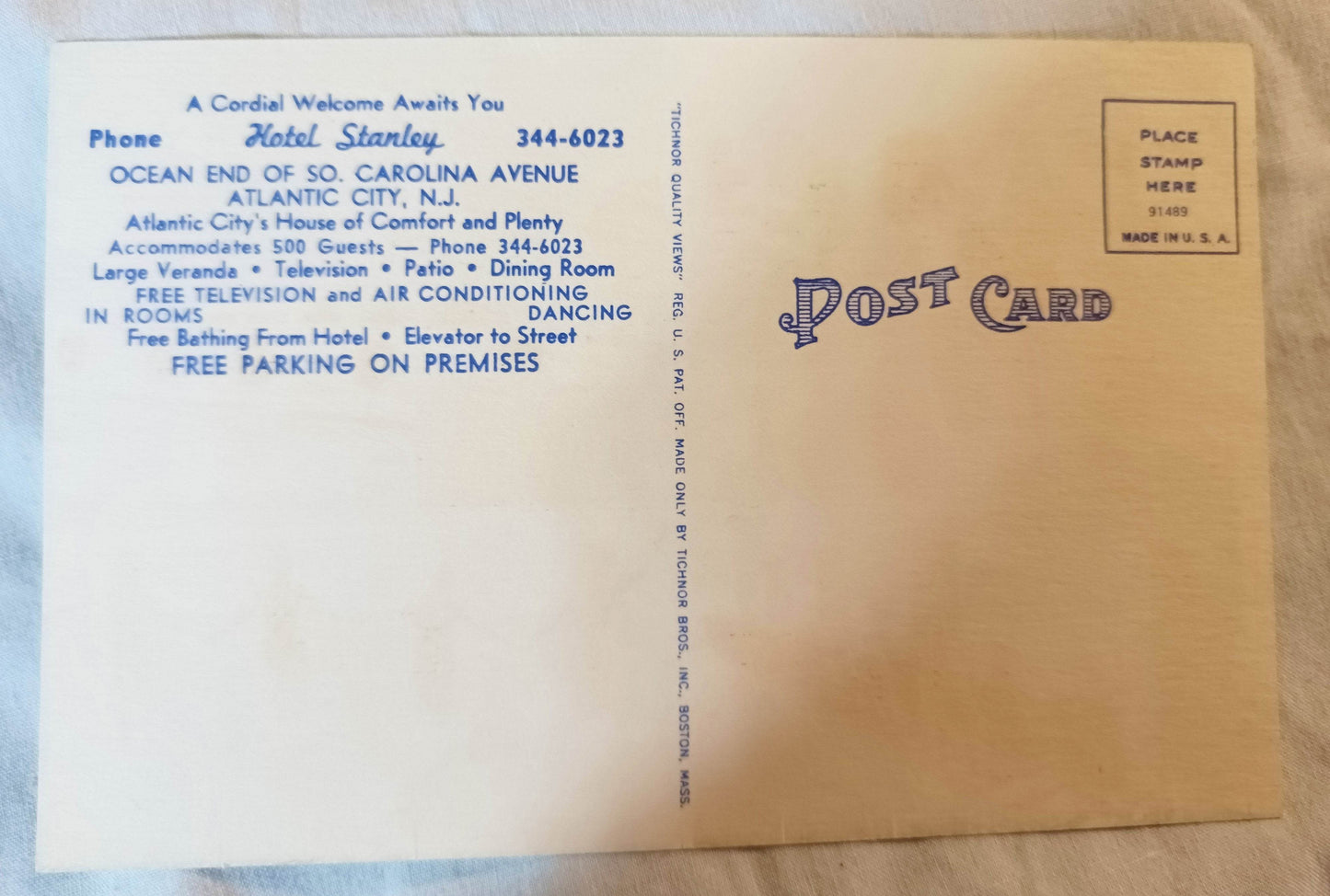 Hotel Stanley South Carolina Ave Atlantic City Linen Postcard 1940's - TulipStuff