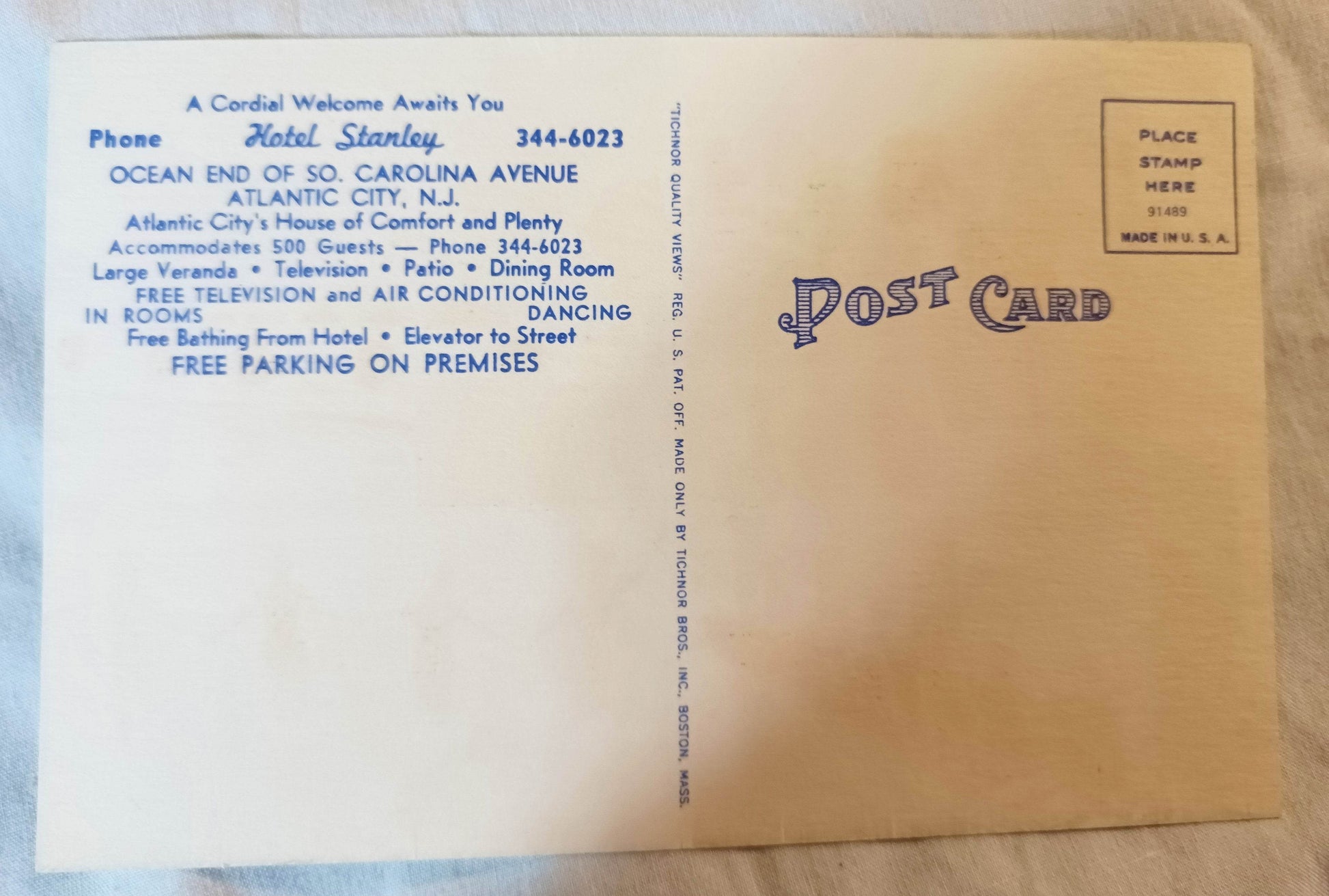 Hotel Stanley South Carolina Ave Atlantic City Linen Postcard 1940's - TulipStuff