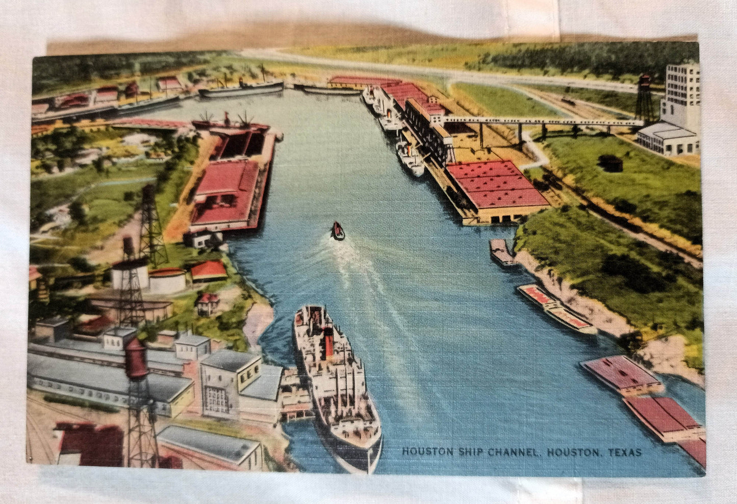 Houston Ship Channel Texas Linen Postcard 1940's Sam Houston - TulipStuff