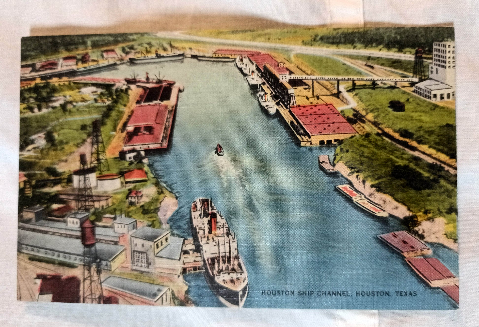 Houston Ship Channel Texas Linen Postcard 1940's Sam Houston - TulipStuff