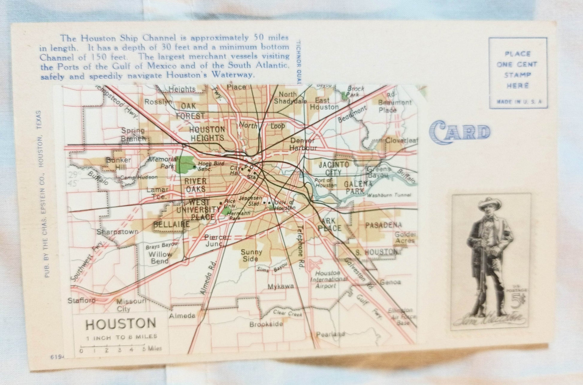 Houston Ship Channel Texas Linen Postcard 1940's Sam Houston - TulipStuff