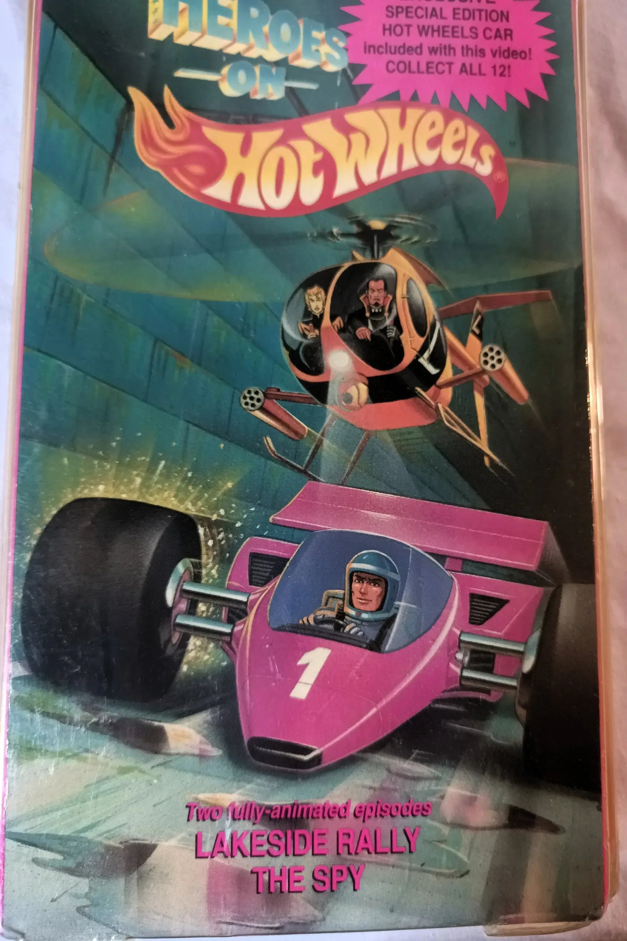 Heroes On Hot Wheels 2-Episode VHS with Neon Pink Shadow Jet Car