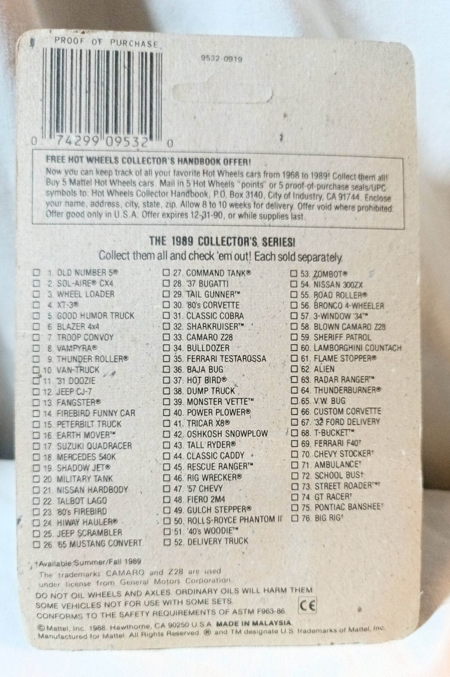 Hot Wheels 9532 Camaro Z-28 Chevrolet Speed Fleet 1989 - TulipStuff