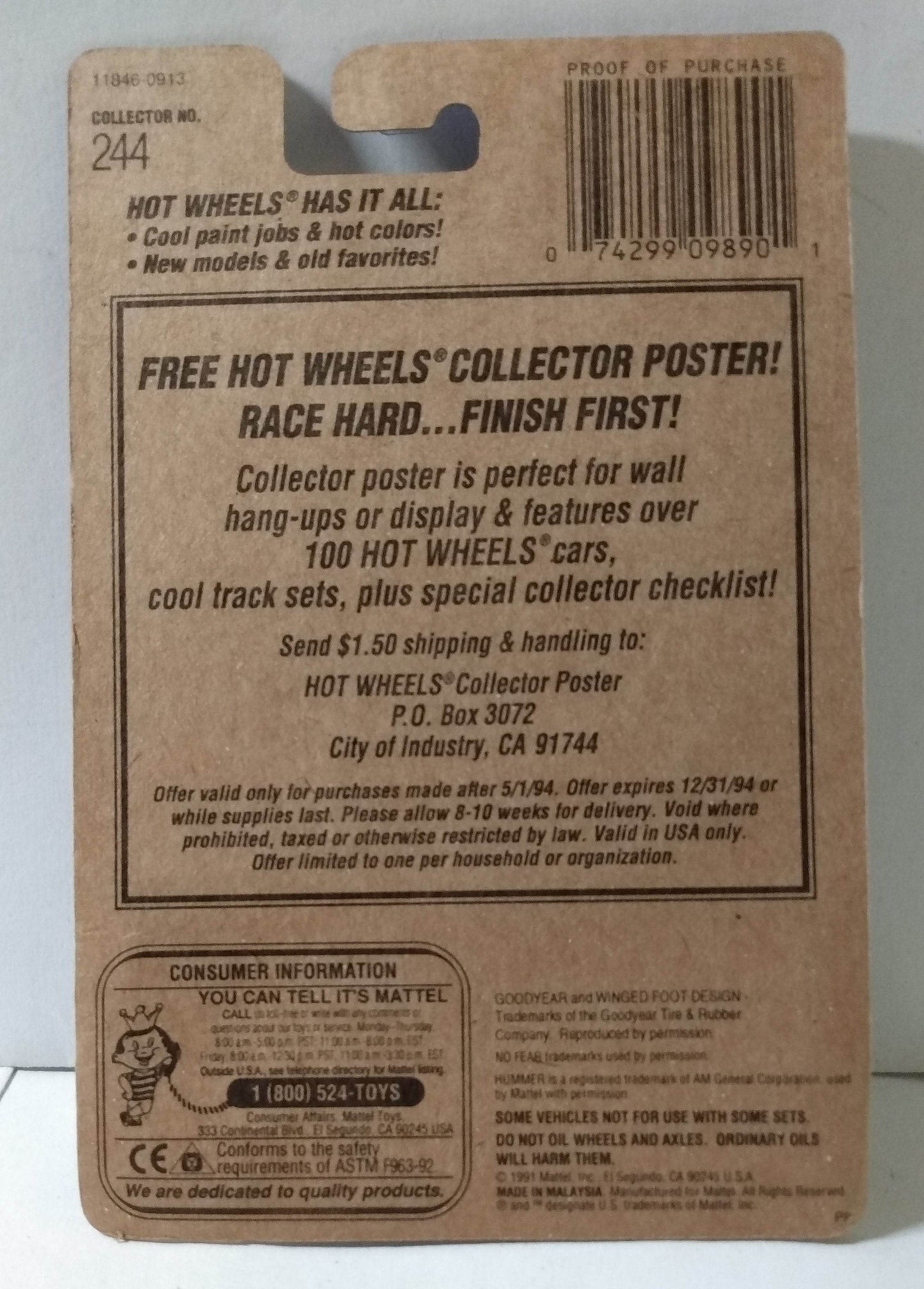 Hot Wheels Collector #244 No Fear Race Car Indy Racer bw 1994 - TulipStuff