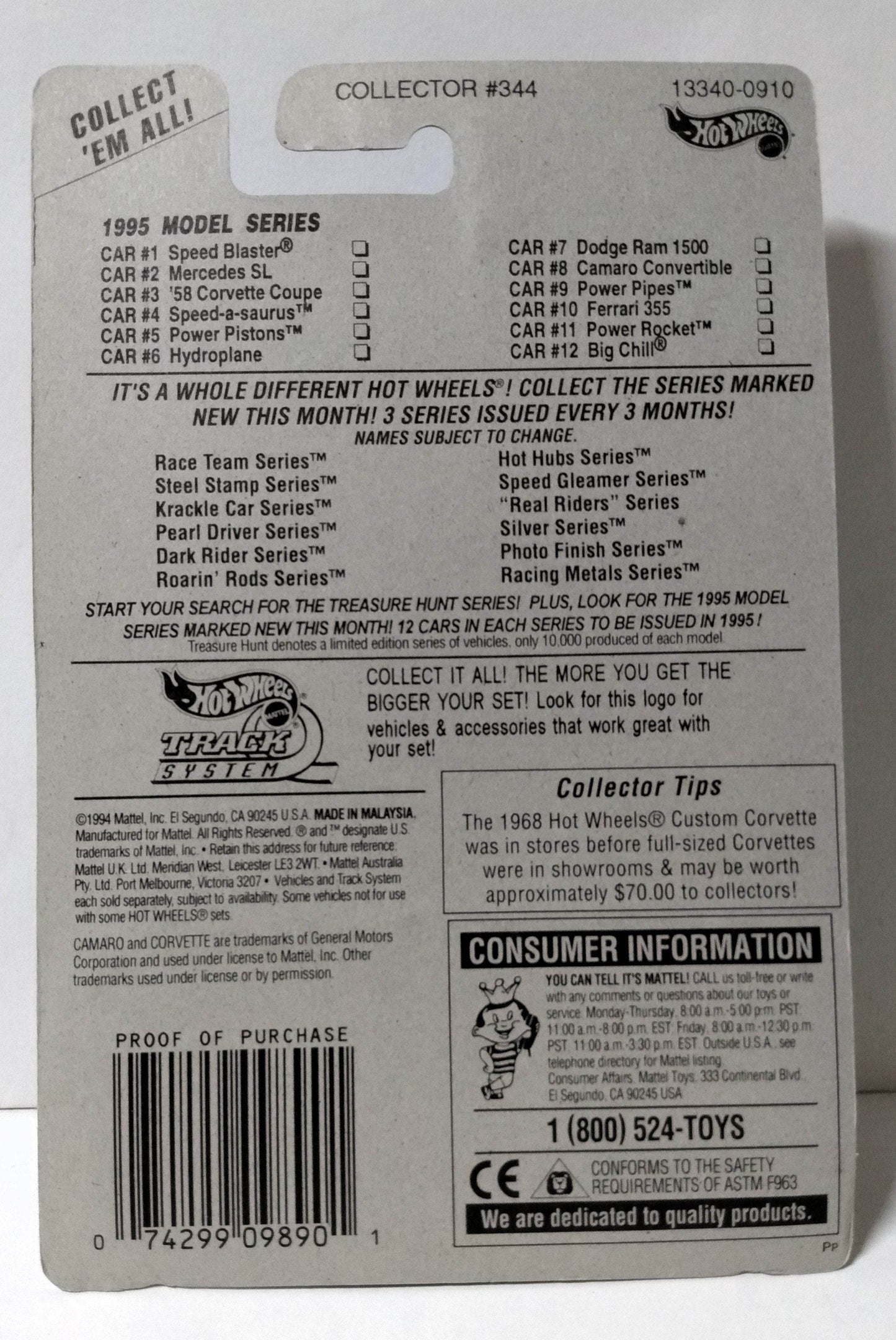 Hot Wheels 1995 Model Series Collector #344 Chevy Camaro Convertible - TulipStuff