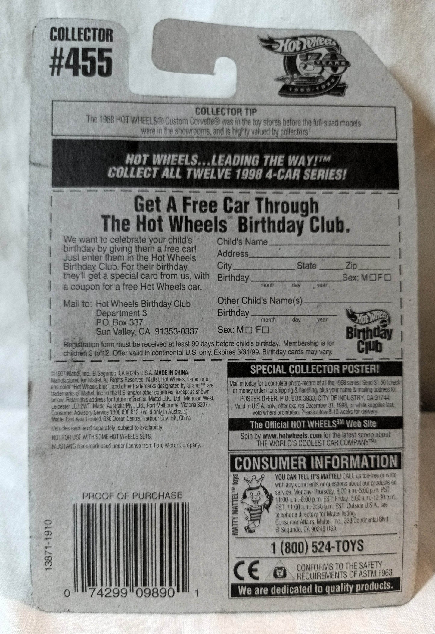 Hot Wheels Collector #455 '65 Mustang Convertible Ford 1997 Blue - TulipStuff