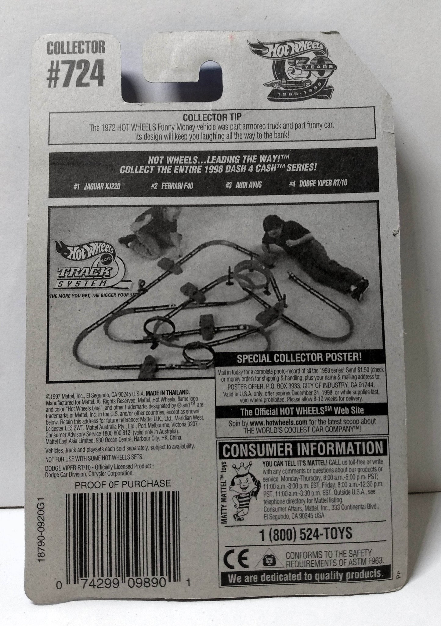 Hot Wheels Dash 4 Cash Series Collector #724 Dodge Viper RT/10 1997 - TulipStuff