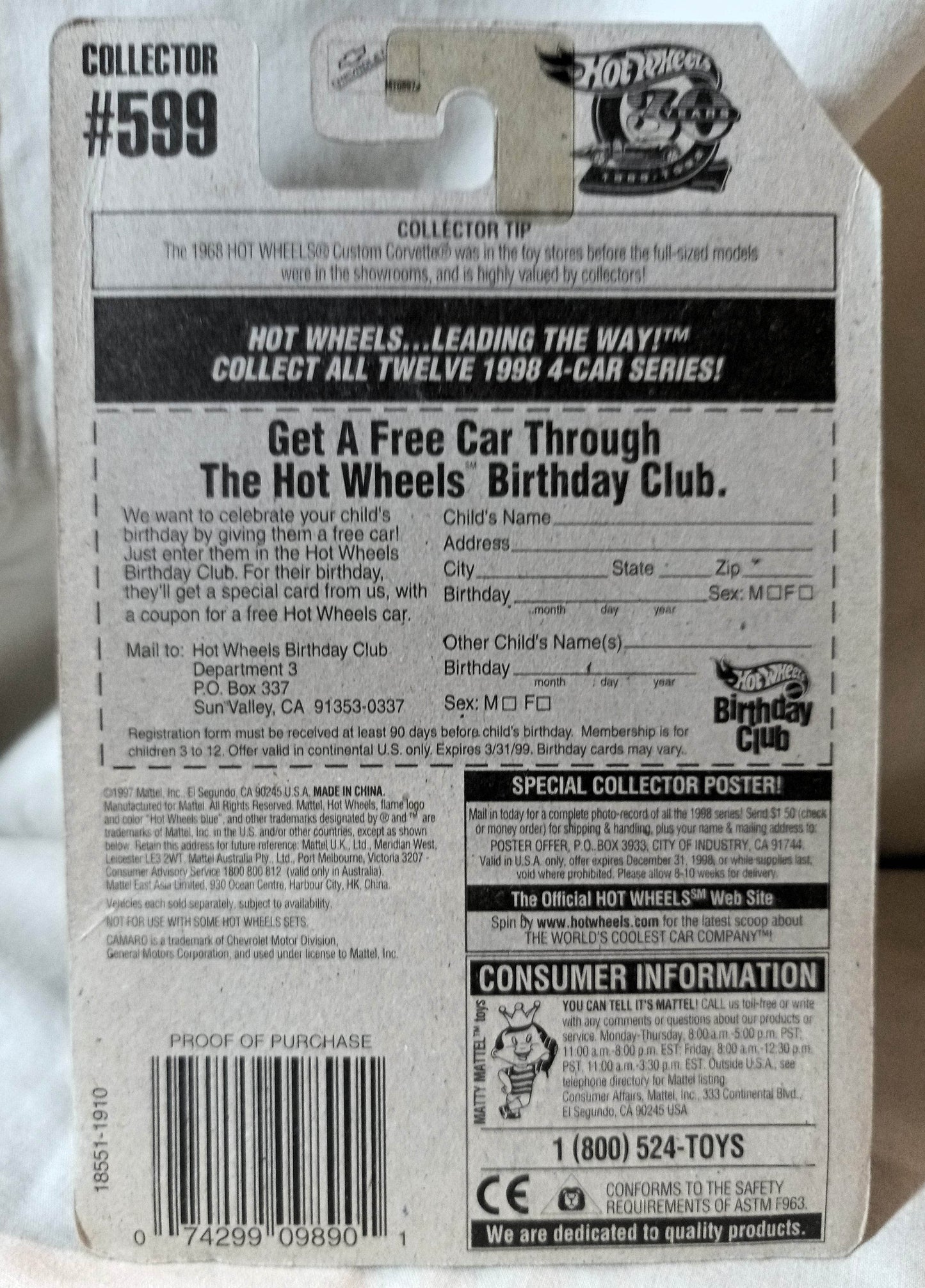 Hot Wheels Collector #599 Camaro Wind Race Car 1997 - TulipStuff