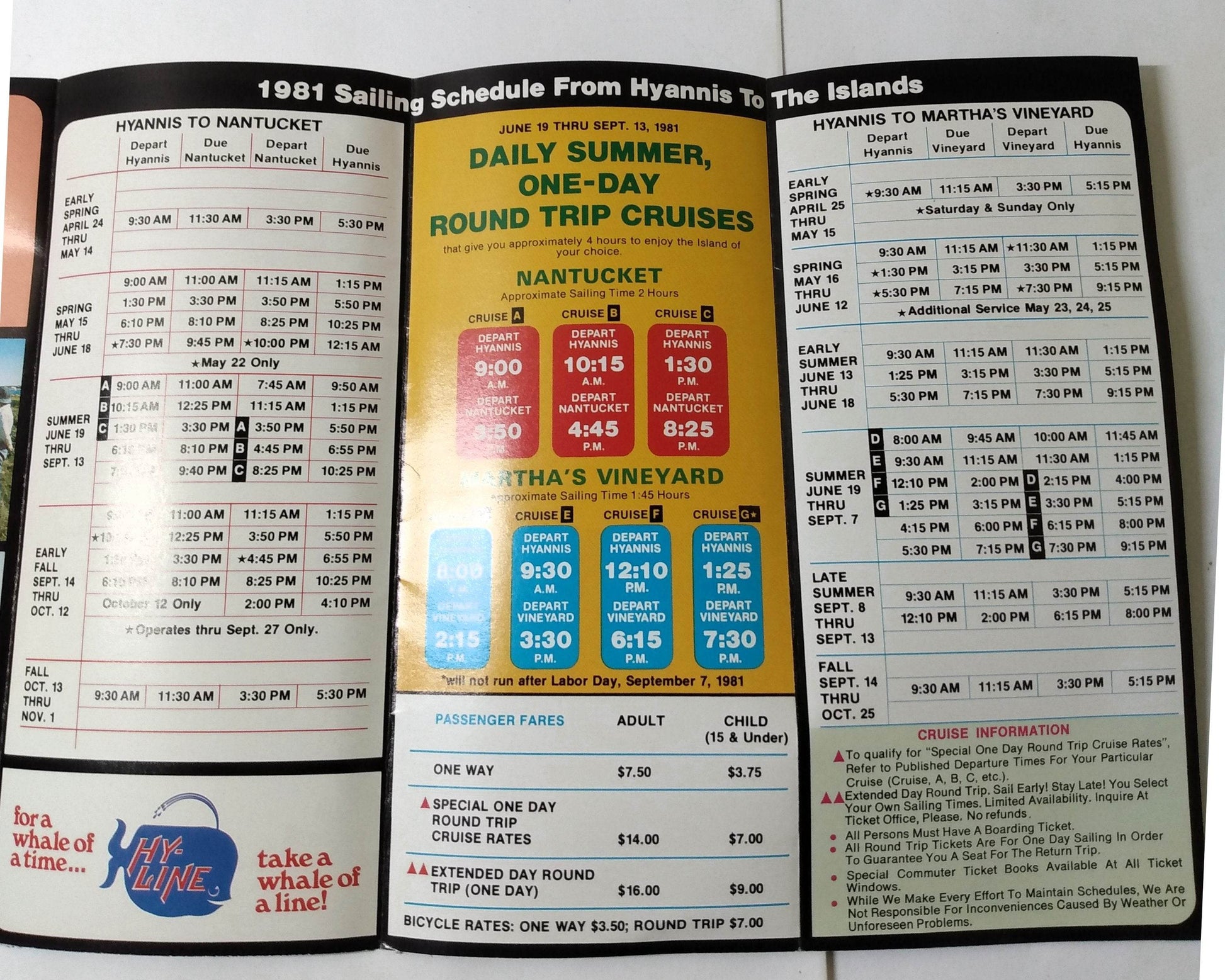 Hy-Line Nantucket Martha's Vineyard Island Cruises 1981 Brochure - TulipStuff