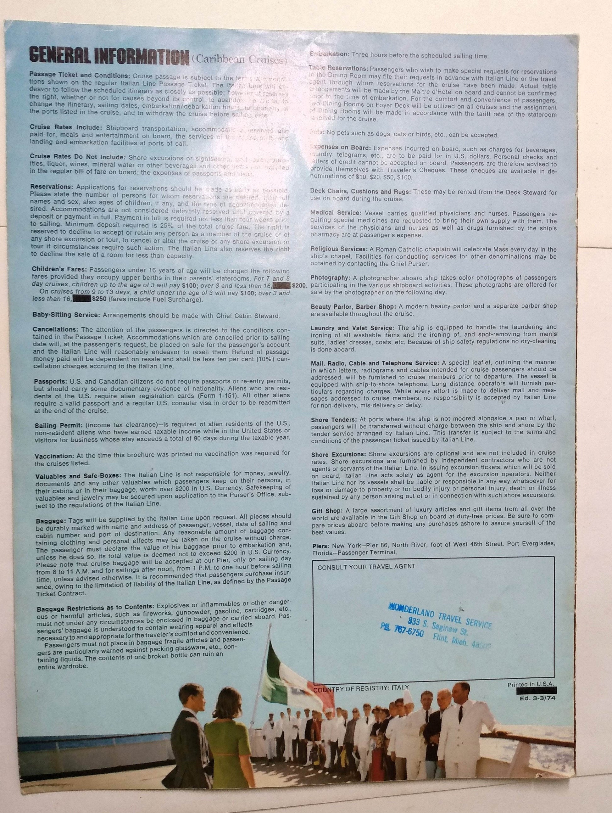 Italian Line 1974 Caribbean Cruises Brochure Michelangelo Raffaello - TulipStuff