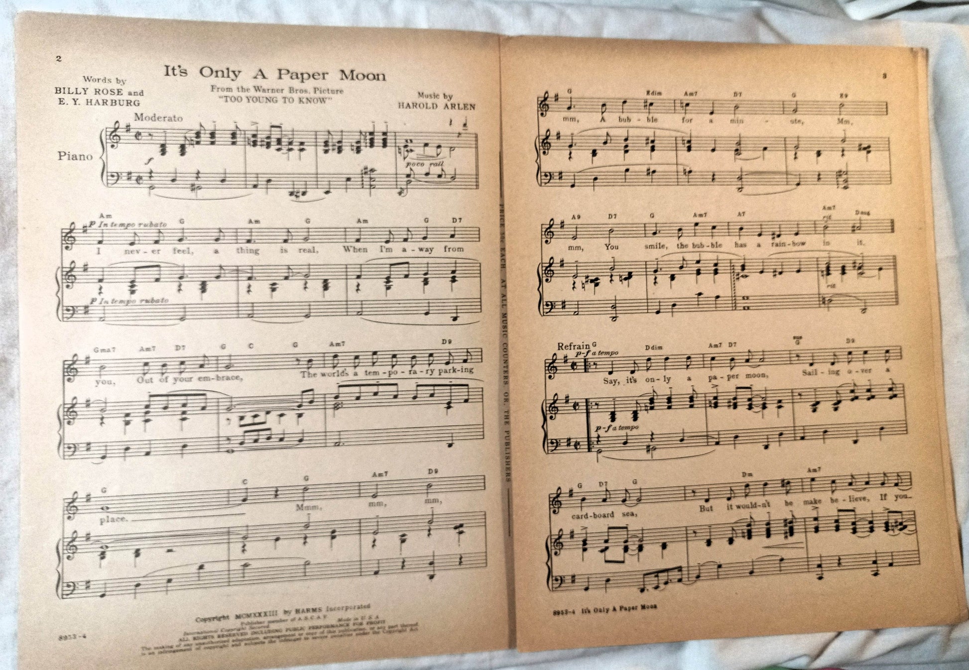 It's Only A Paper Moon Too Young To Know Joan Leslie Sheet Music 1933 - TulipStuff