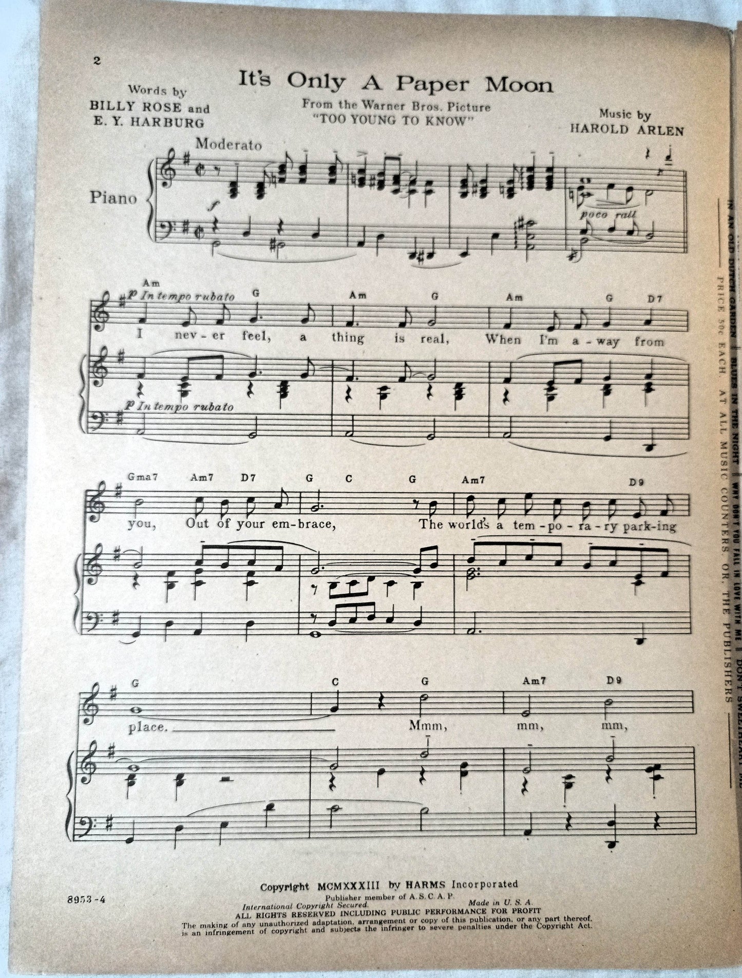 It's Only A Paper Moon Too Young To Know Joan Leslie Sheet Music 1933 - TulipStuff