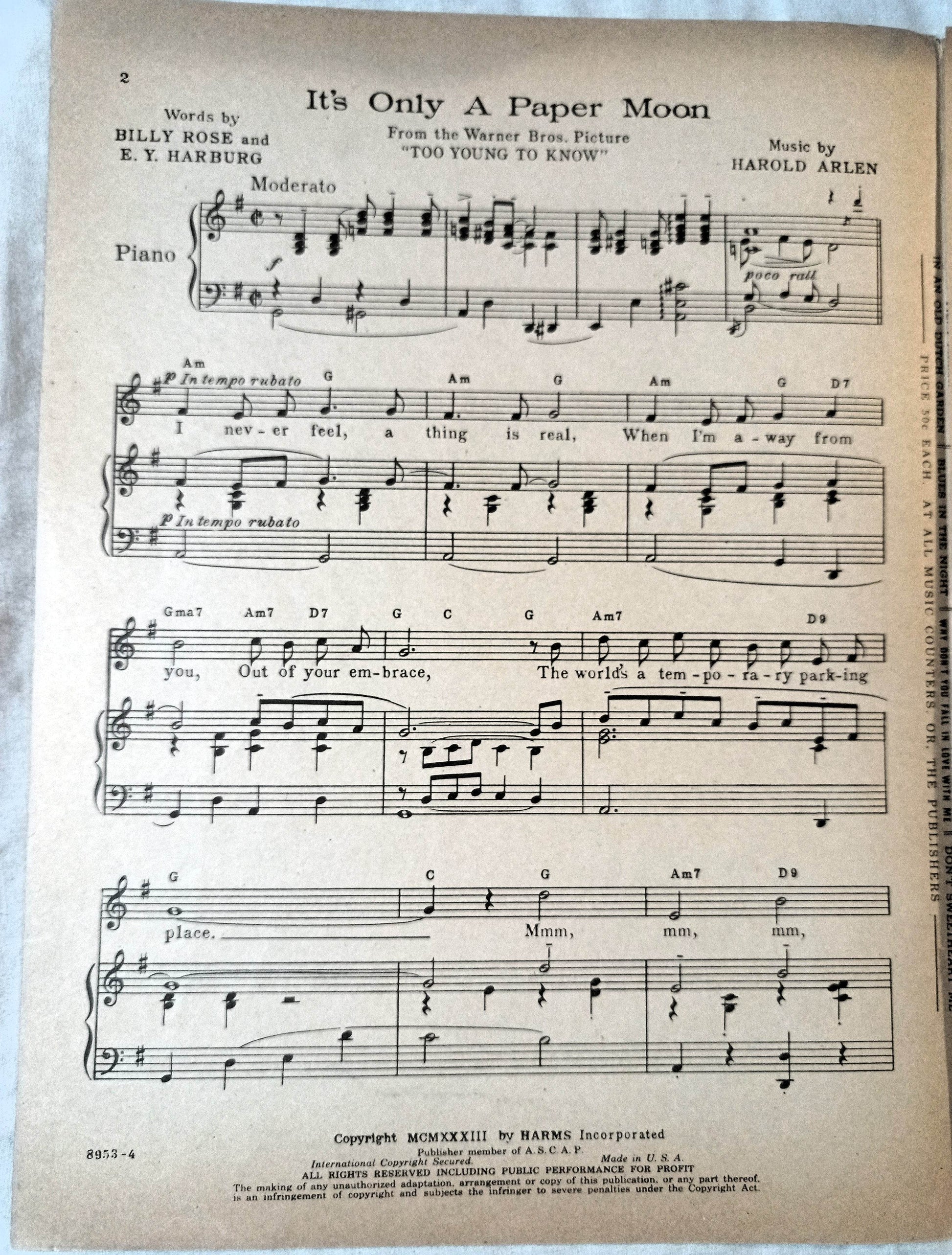 It's Only A Paper Moon Too Young To Know Joan Leslie Sheet Music 1933 - TulipStuff