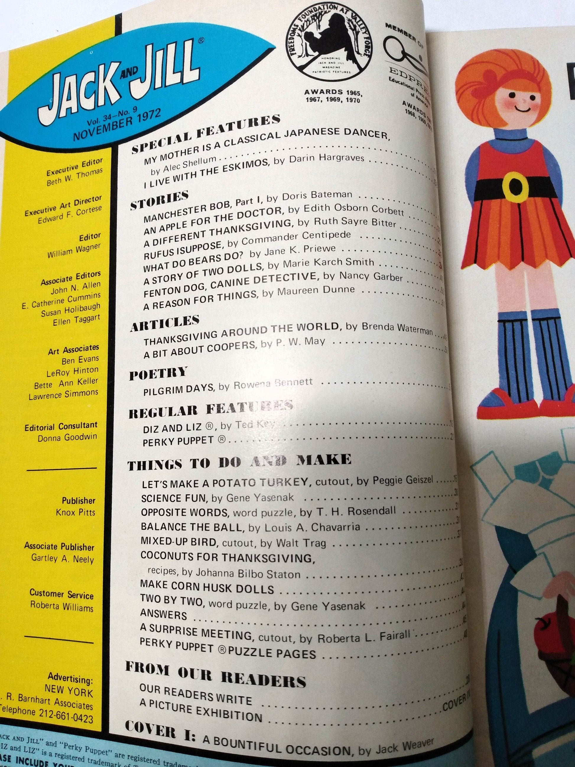 Jack and Jill Magazine Thangsgiving Issue November 1972 Manchester Bob - TulipStuff