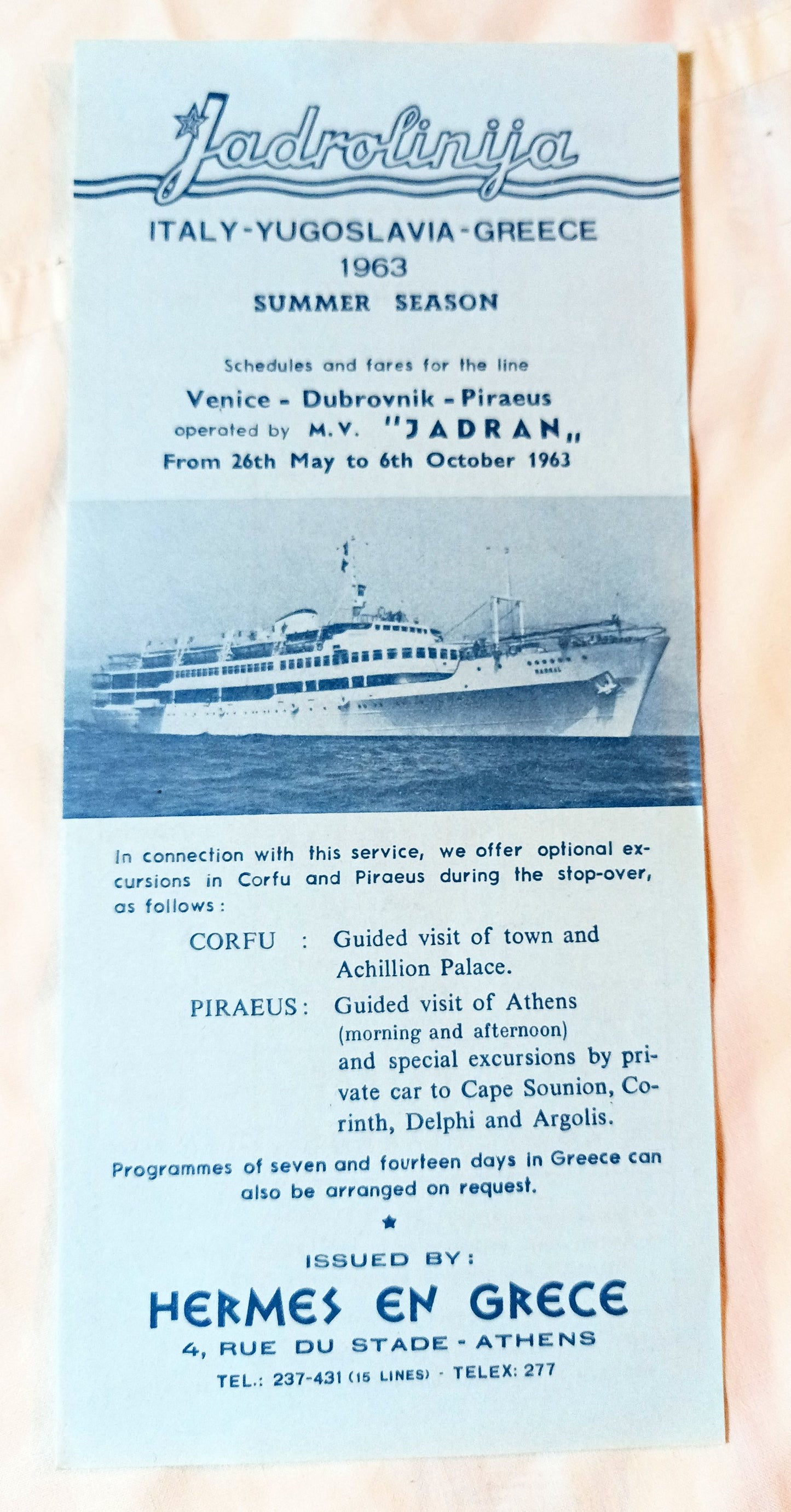 Jadrolinija mv Jadran Summer 1963 Sailing Schedule Italy Yugoslavia Greece - TulipStuff