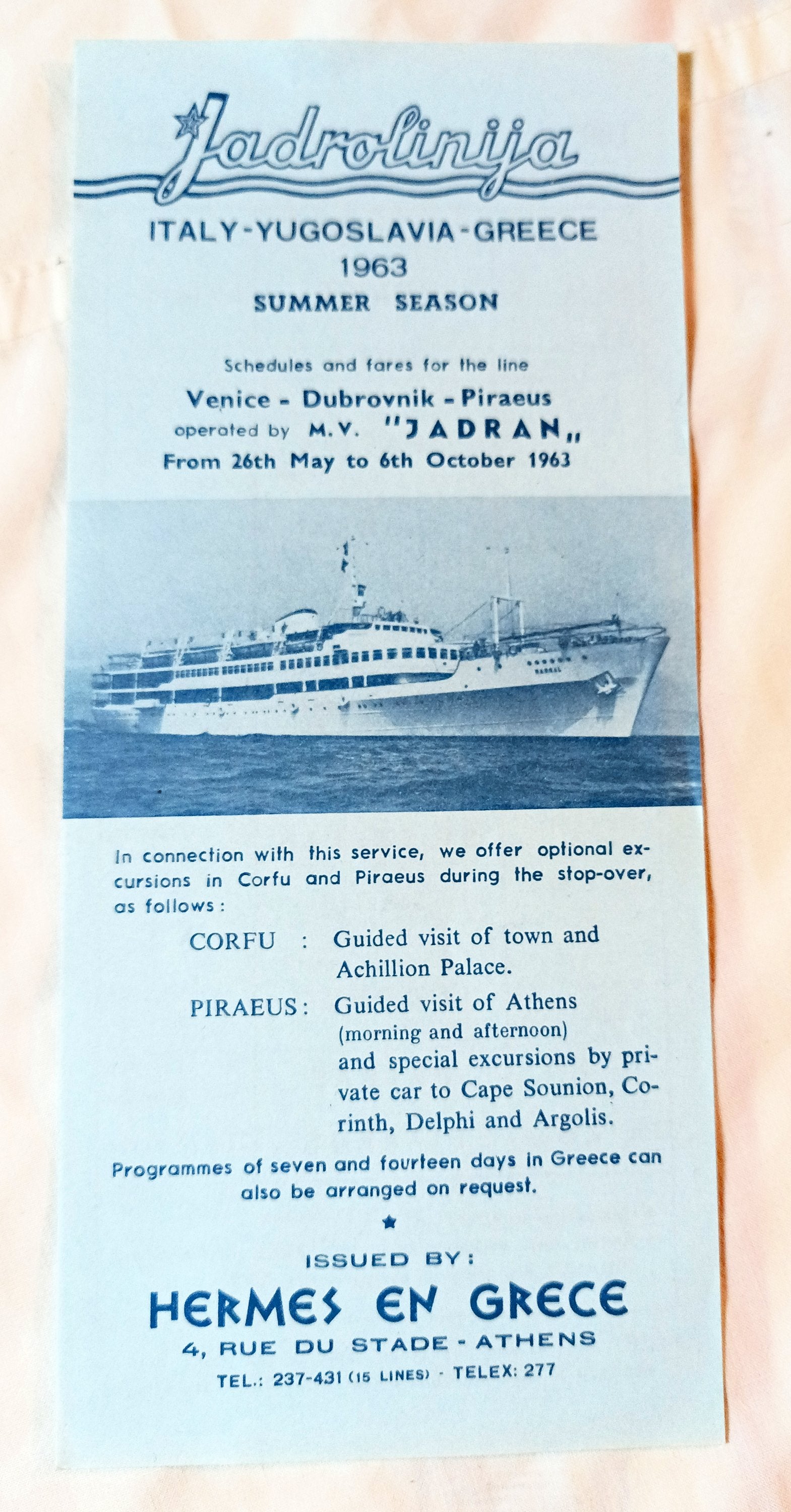 Jadrolinija mv Jadran Summer 1963 Sailing Schedule Italy Yugoslavia Greece - TulipStuff