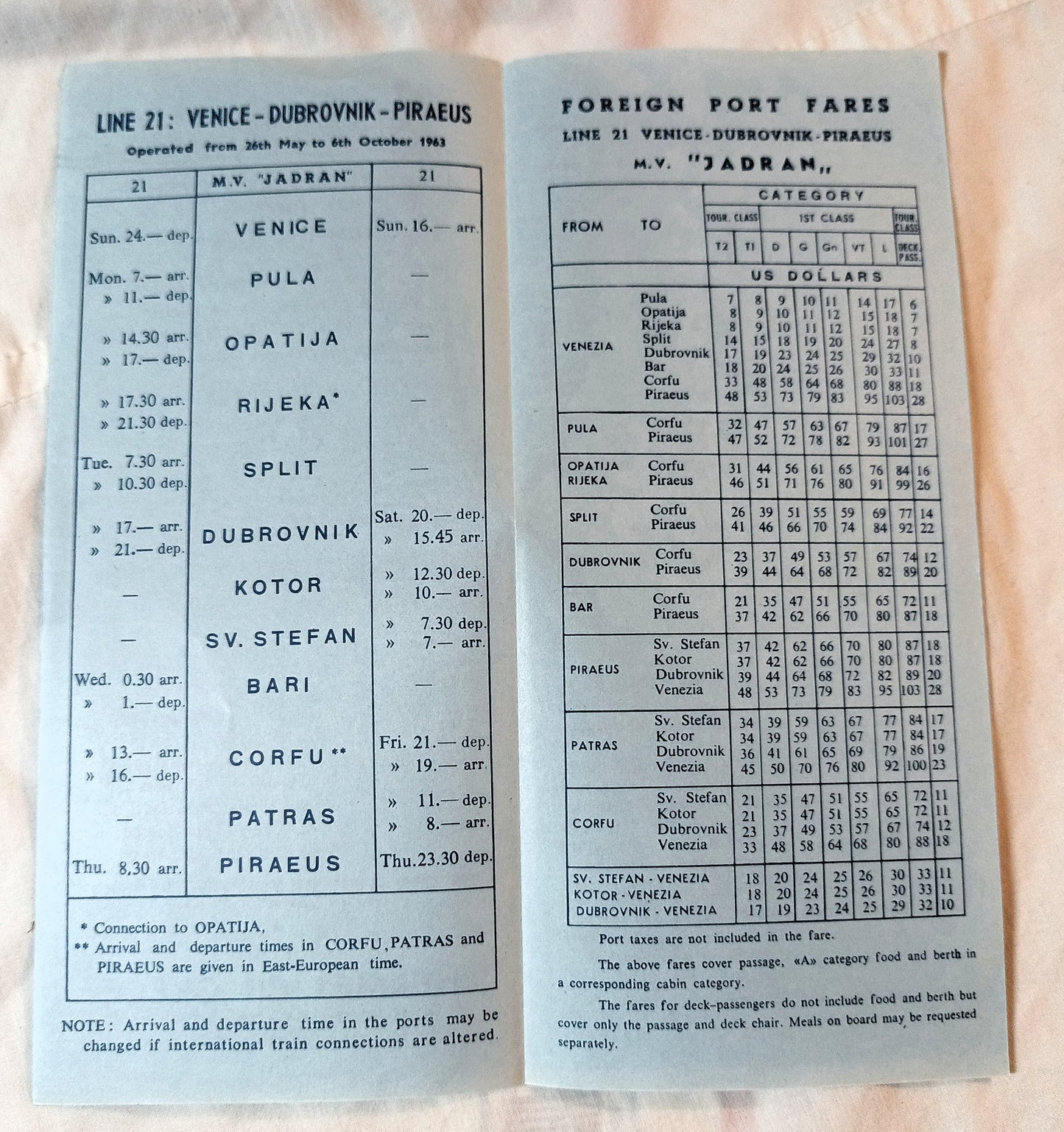 Jadrolinija mv Jadran Summer 1963 Sailing Schedule Italy Yugoslavia Greece - TulipStuff