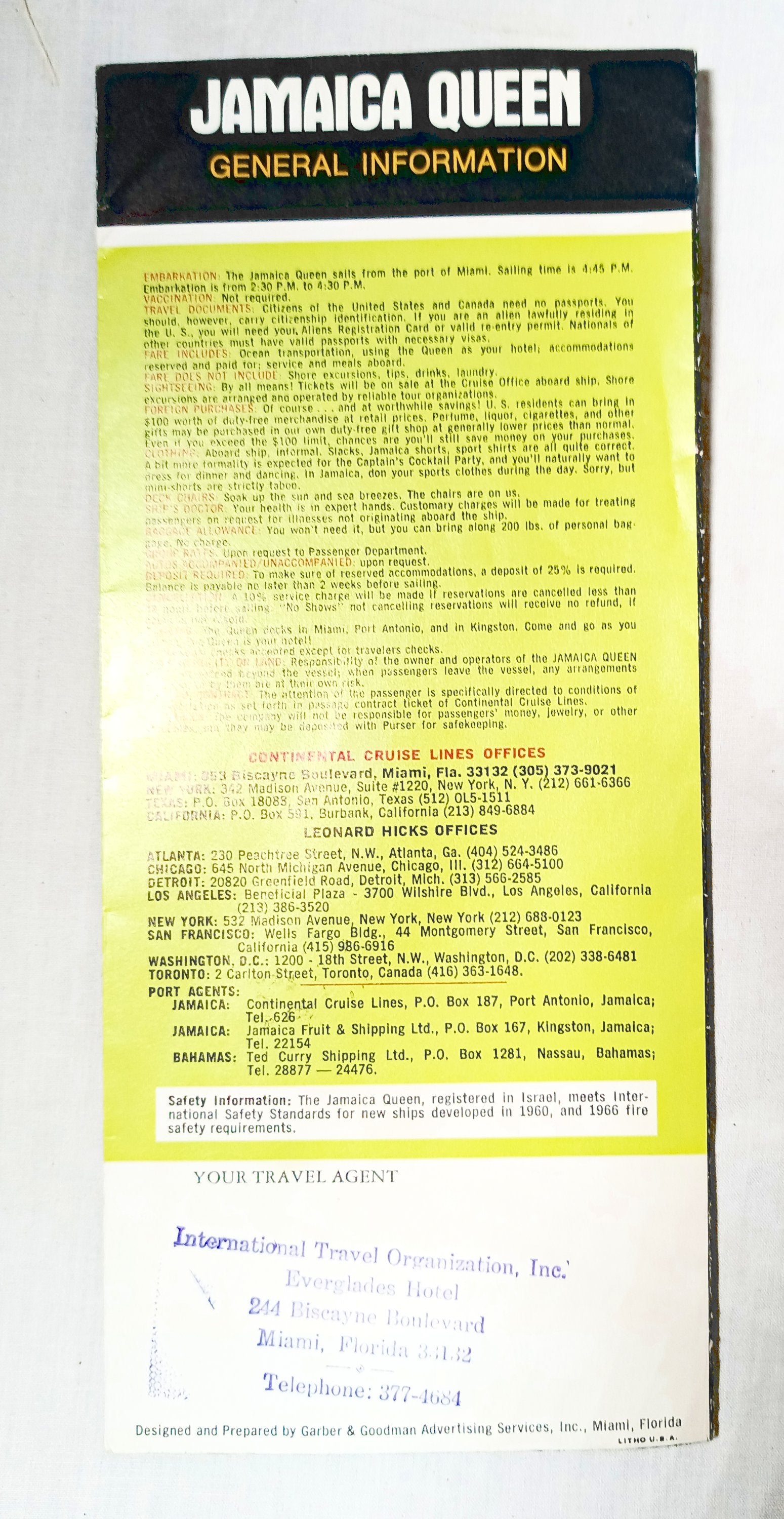 Jamaica Queen Continental Cruise Lines Nassau/Jamaica Brochure 1968 - TulipStuff