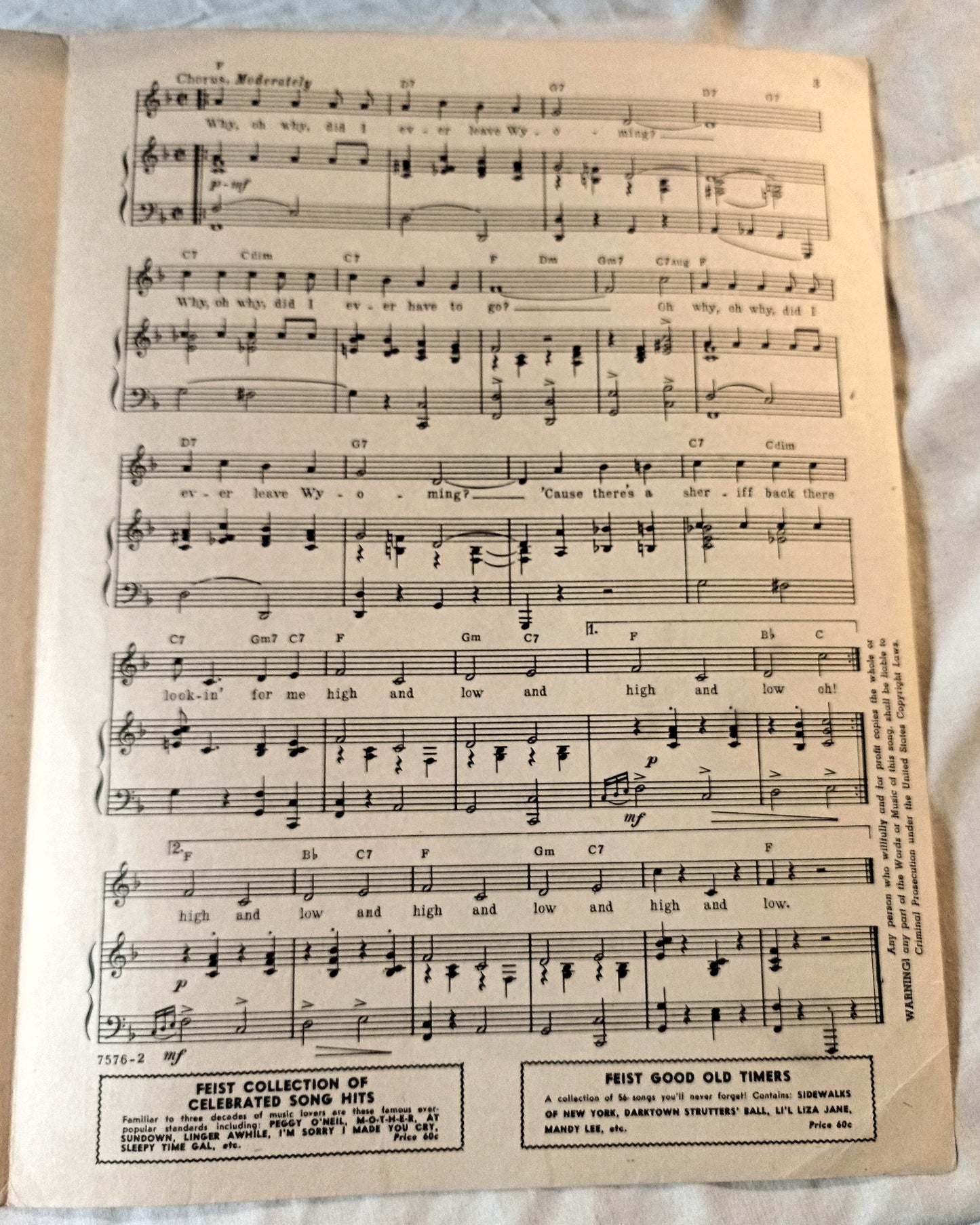 Oh Why Oh Why Did I Ever Leave Wyoming Jerry Colonna Sheet Music 1946 - TulipStuff