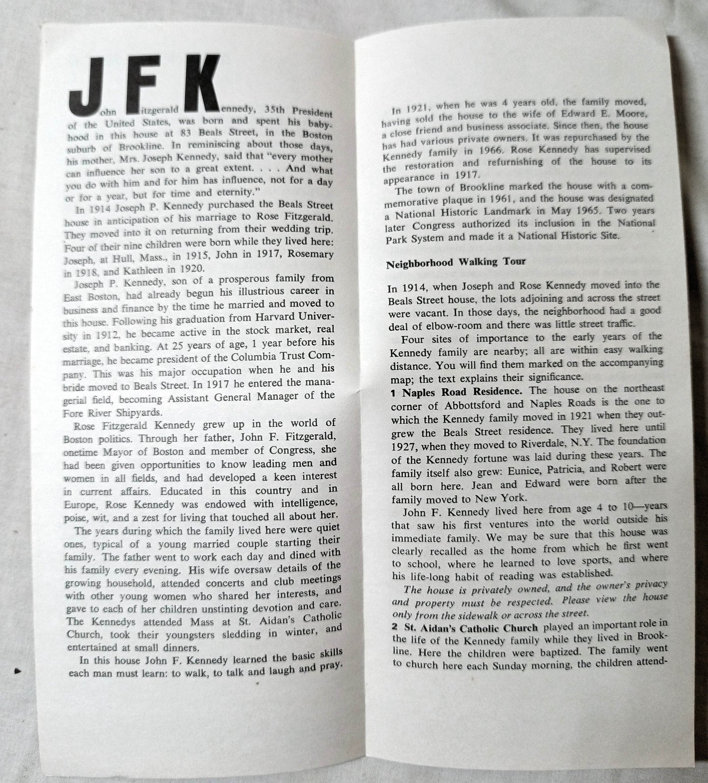John Fitzgerald Kennedy National Historic Site Brookline Brochure 1973 - TulipStuff