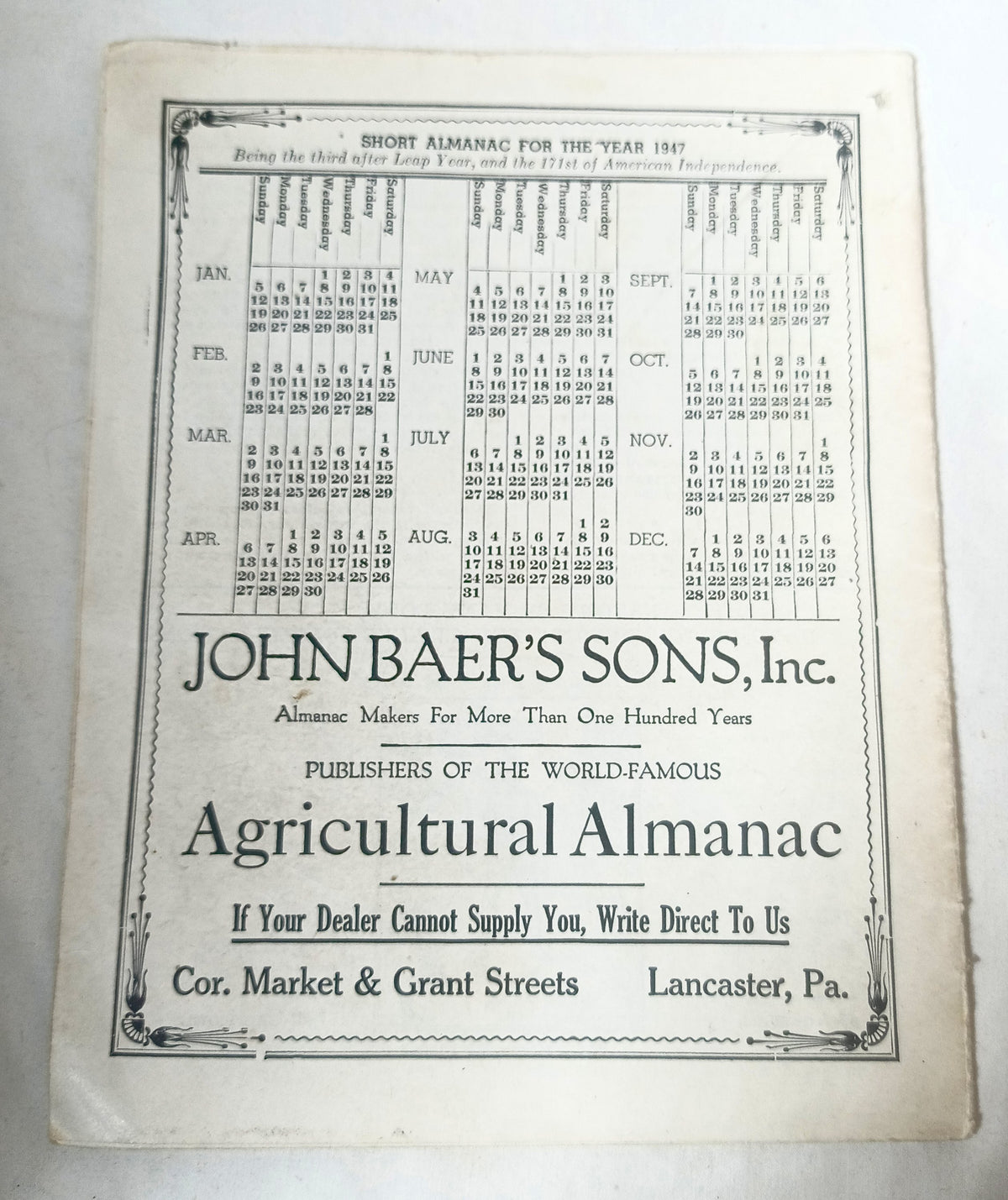 Agricultural Almanac 1947 John Baer's Sons Lancaster PA 122nd Volume - TulipStuff