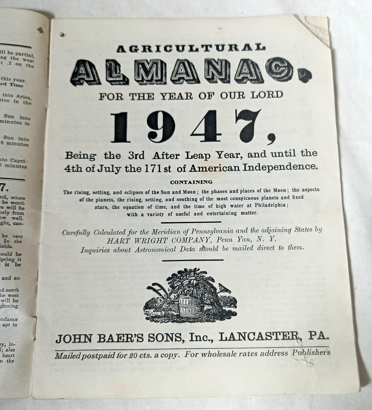 Agricultural Almanac 1947 John Baer's Sons Lancaster PA 122nd Volume - TulipStuff