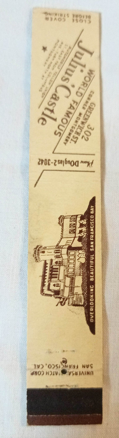 Julius Castle Restaurant San Francisco Bay Matchbook Cover 1950's - TulipStuff