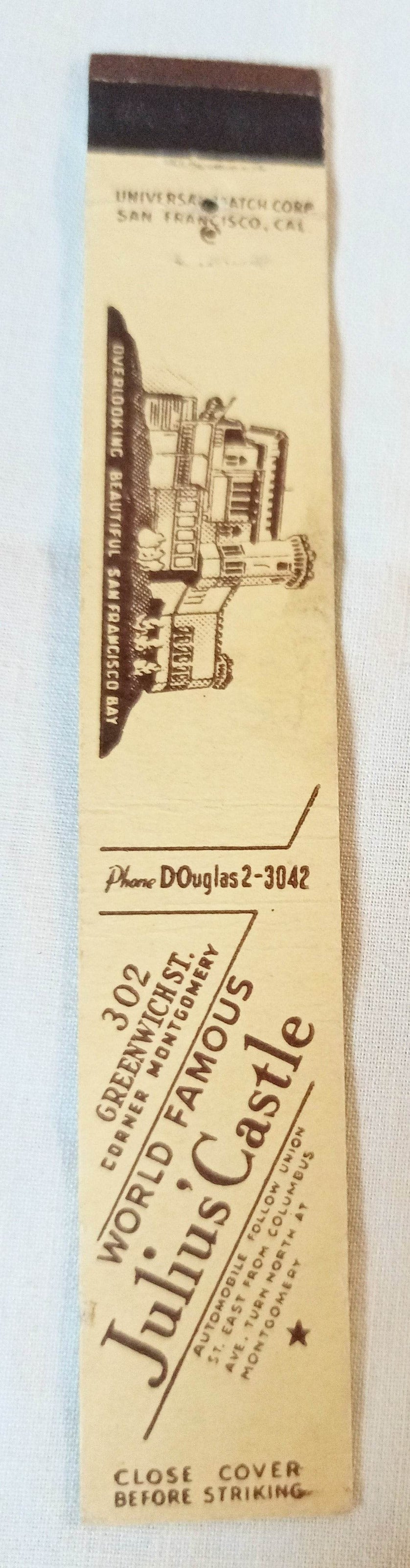 Julius Castle Restaurant San Francisco Bay Matchbook Cover 1950's - TulipStuff