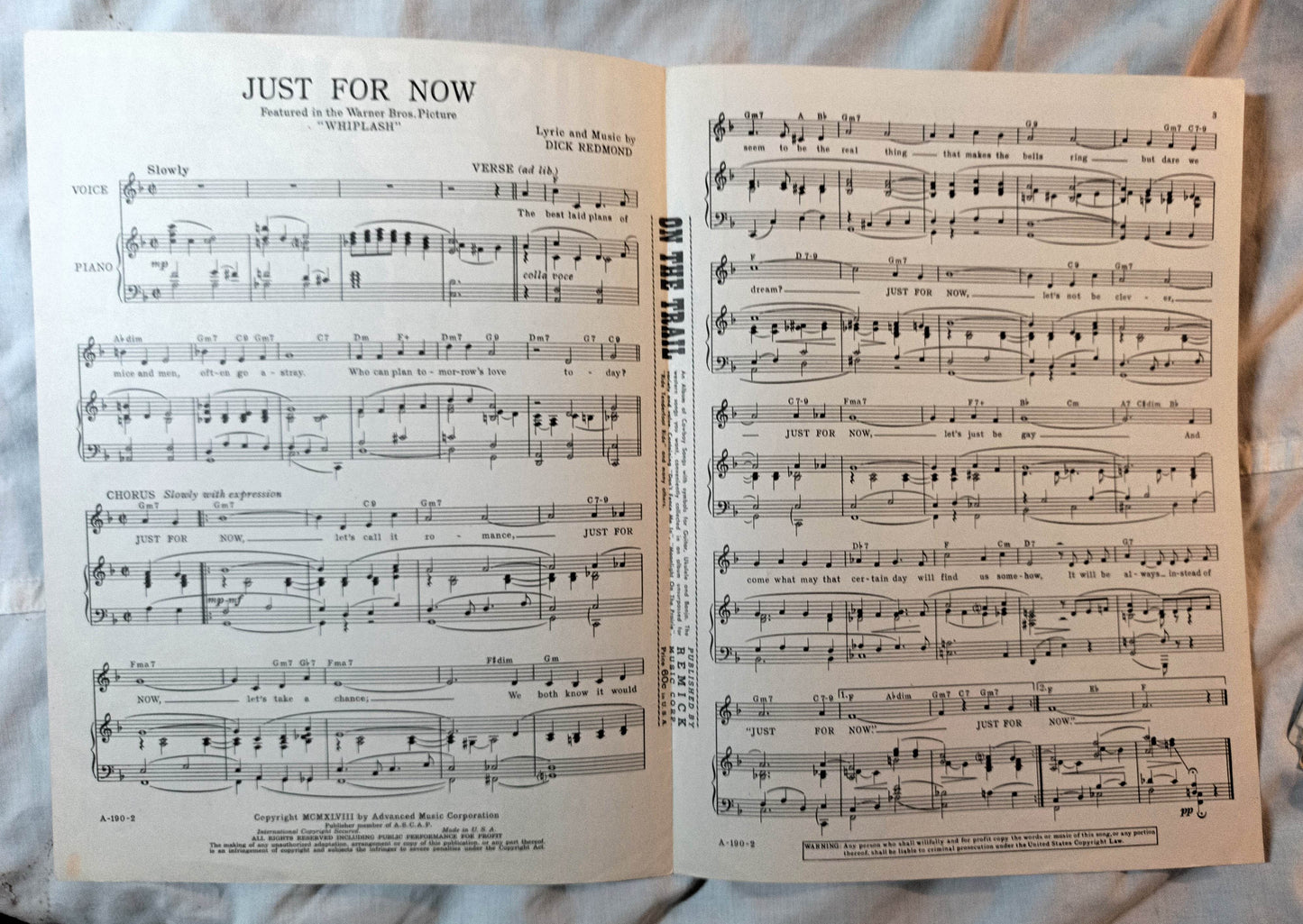 Just For Now Whiplash Dick Redmond Dane Clark Sheet Music 1948 - TulipStuff