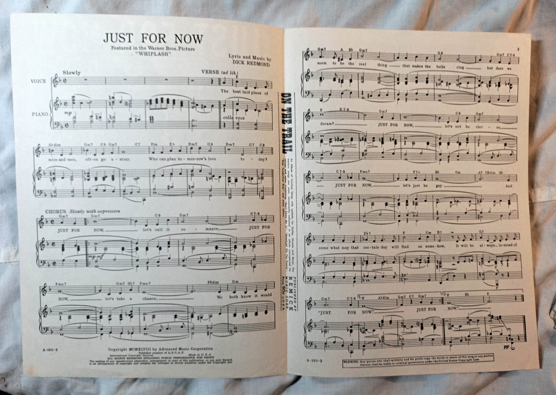 Just For Now Whiplash Dick Redmond Dane Clark Sheet Music 1948 - TulipStuff