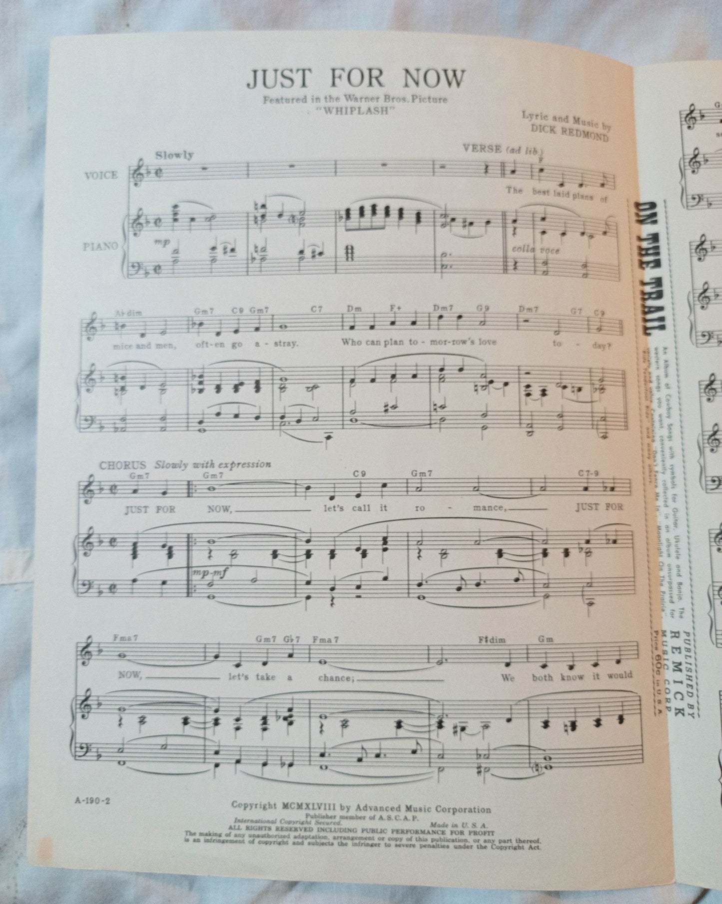 Just For Now Whiplash Dick Redmond Dane Clark Sheet Music 1948 - TulipStuff