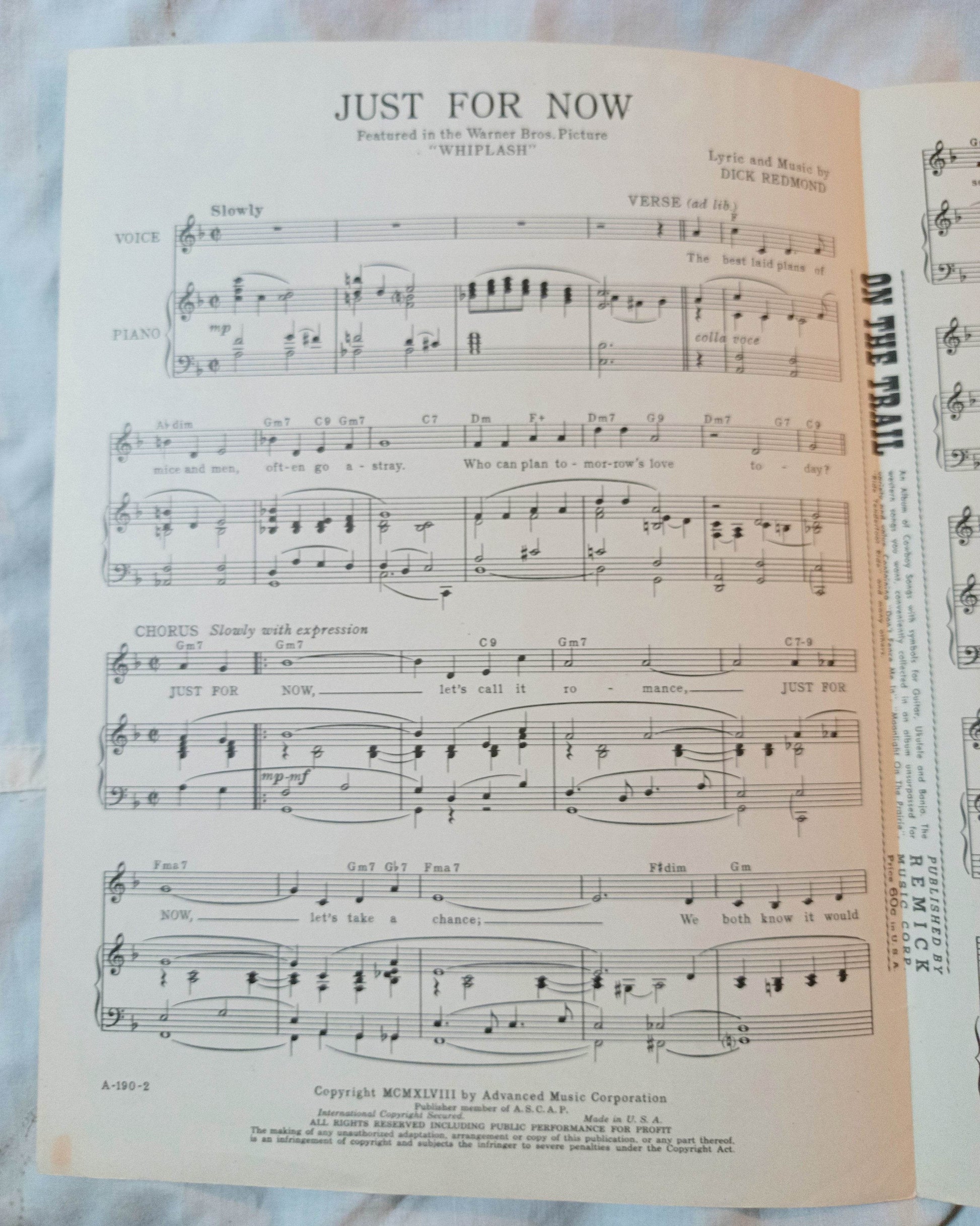 Just For Now Whiplash Dick Redmond Dane Clark Sheet Music 1948 - TulipStuff
