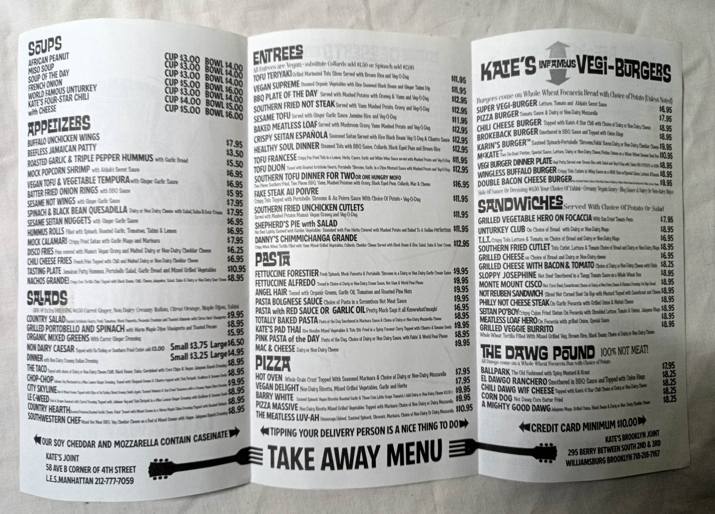 Kate's Joint Vegetarian Restaurant Avenue B NYC Takeout Menu 2007 - TulipStuff