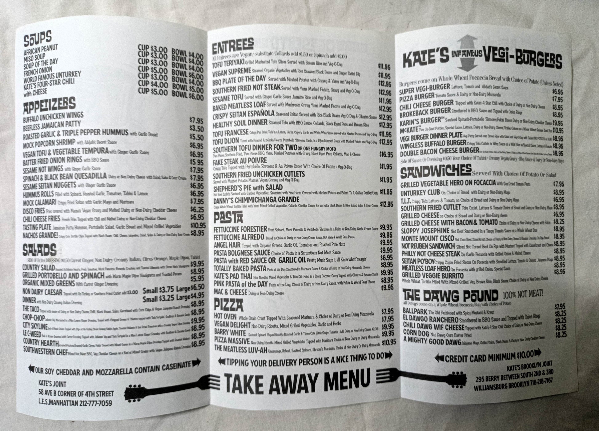 Kate's Joint Vegetarian Restaurant Avenue B NYC Takeout Menu 2007 - TulipStuff