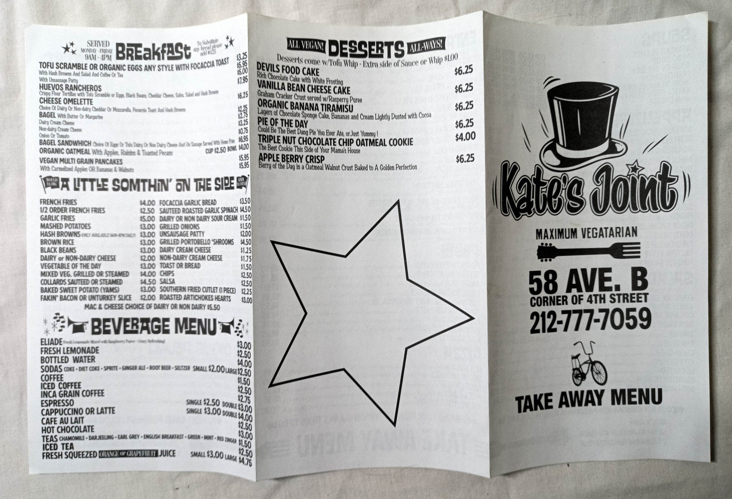 Kate's Joint Vegetarian Restaurant Avenue B NYC Takeout Menu 2007 - TulipStuff