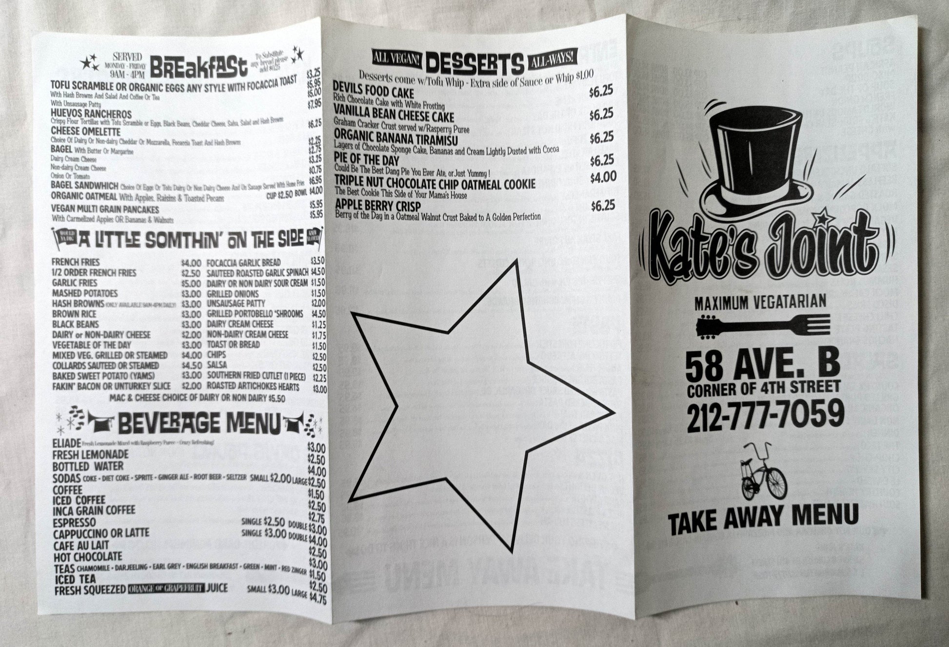 Kate's Joint Vegetarian Restaurant Avenue B NYC Takeout Menu 2007 - TulipStuff