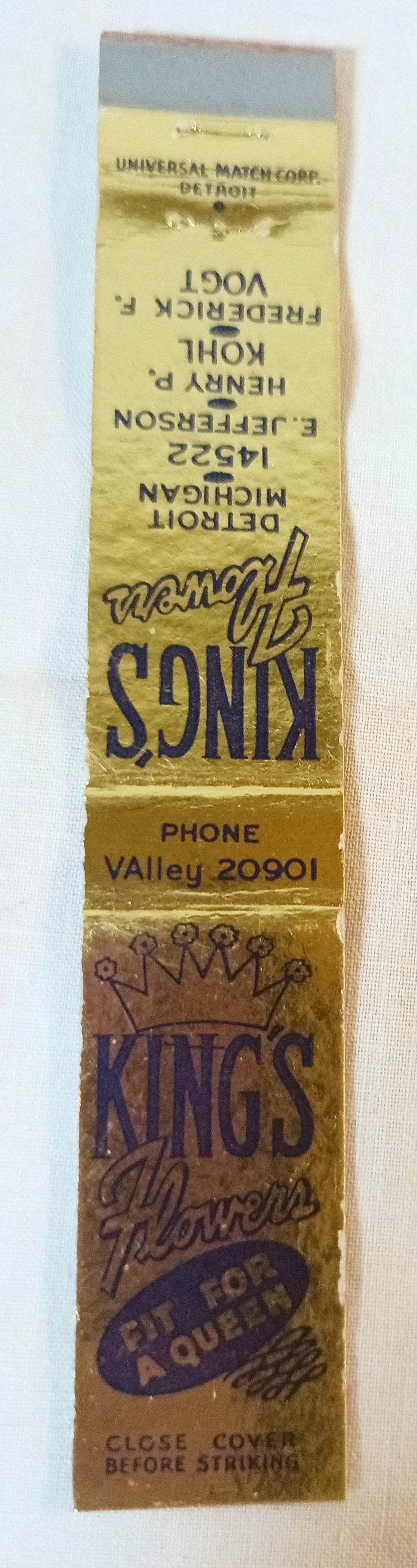 King's Flowers Fit For A Queen Jefferson Detroit Matchbook Cover 1950s - TulipStuff