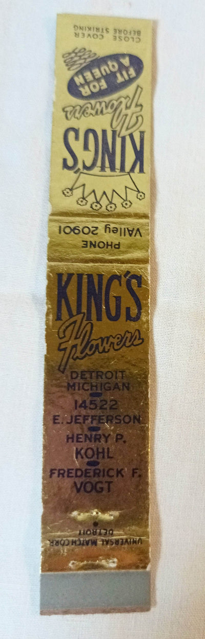 King's Flowers Fit For A Queen Jefferson Detroit Matchbook Cover 1950s - TulipStuff