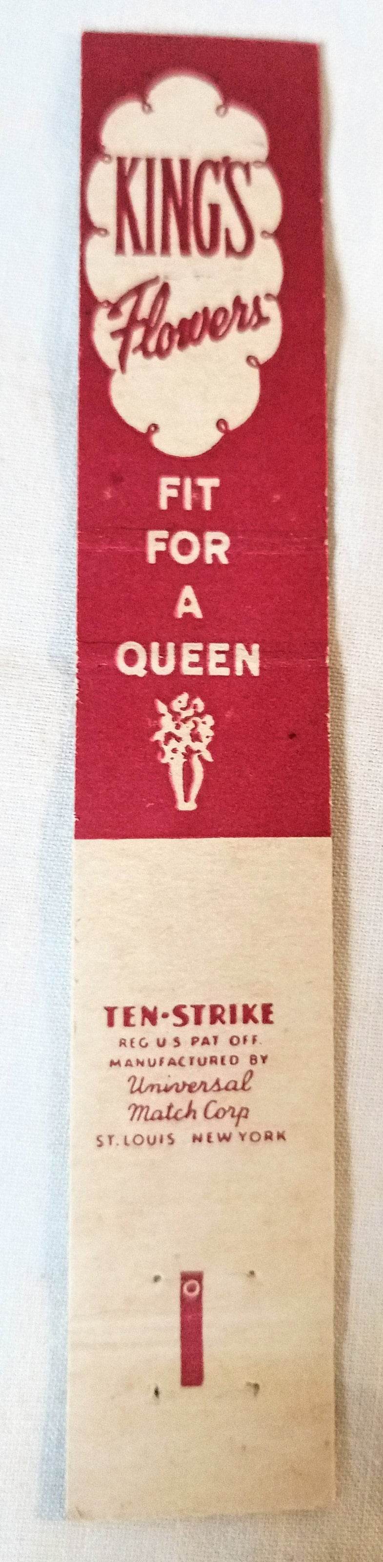 King's Flowers Fit For A Queen Jefferson Detroit Matchbook Cover 1950s - TulipStuff