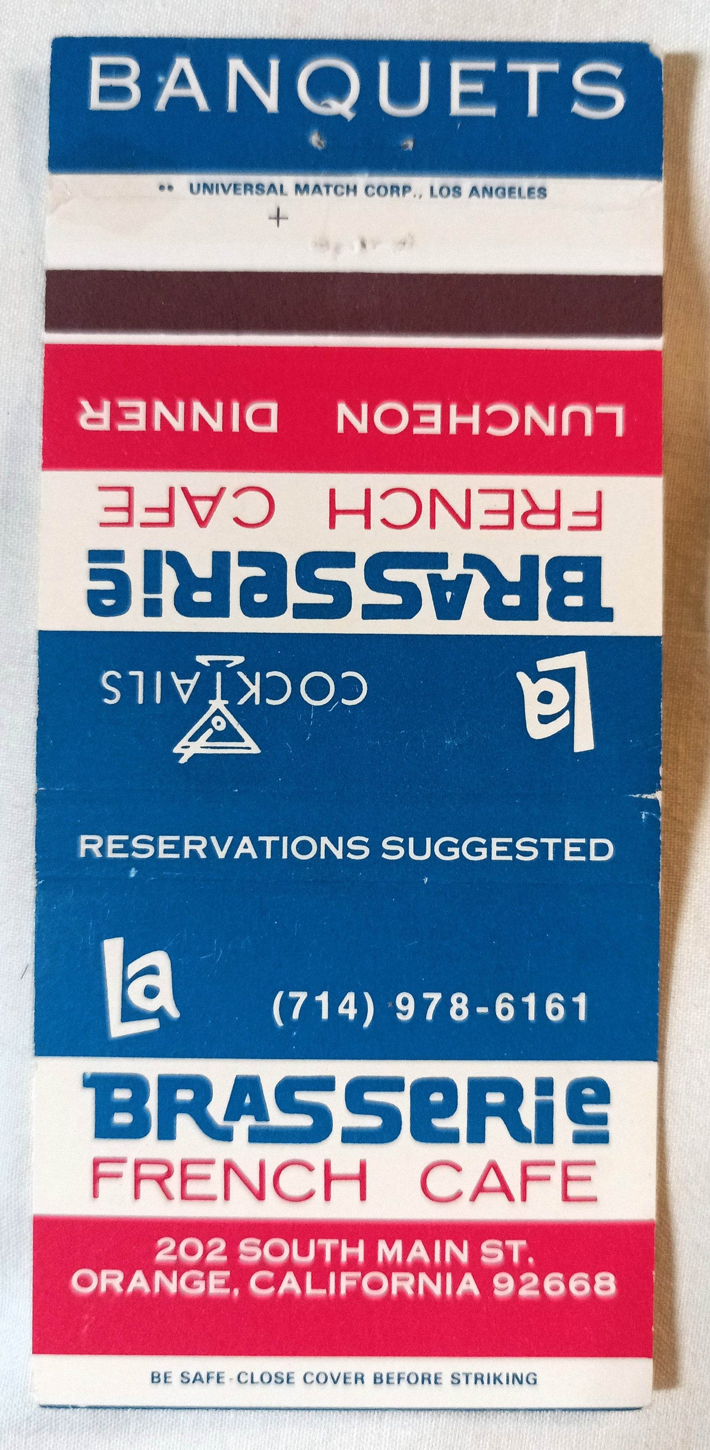 La Brasserie French Cafe Restaurant Orange CA Matchbook Cover 1970's - TulipStuff