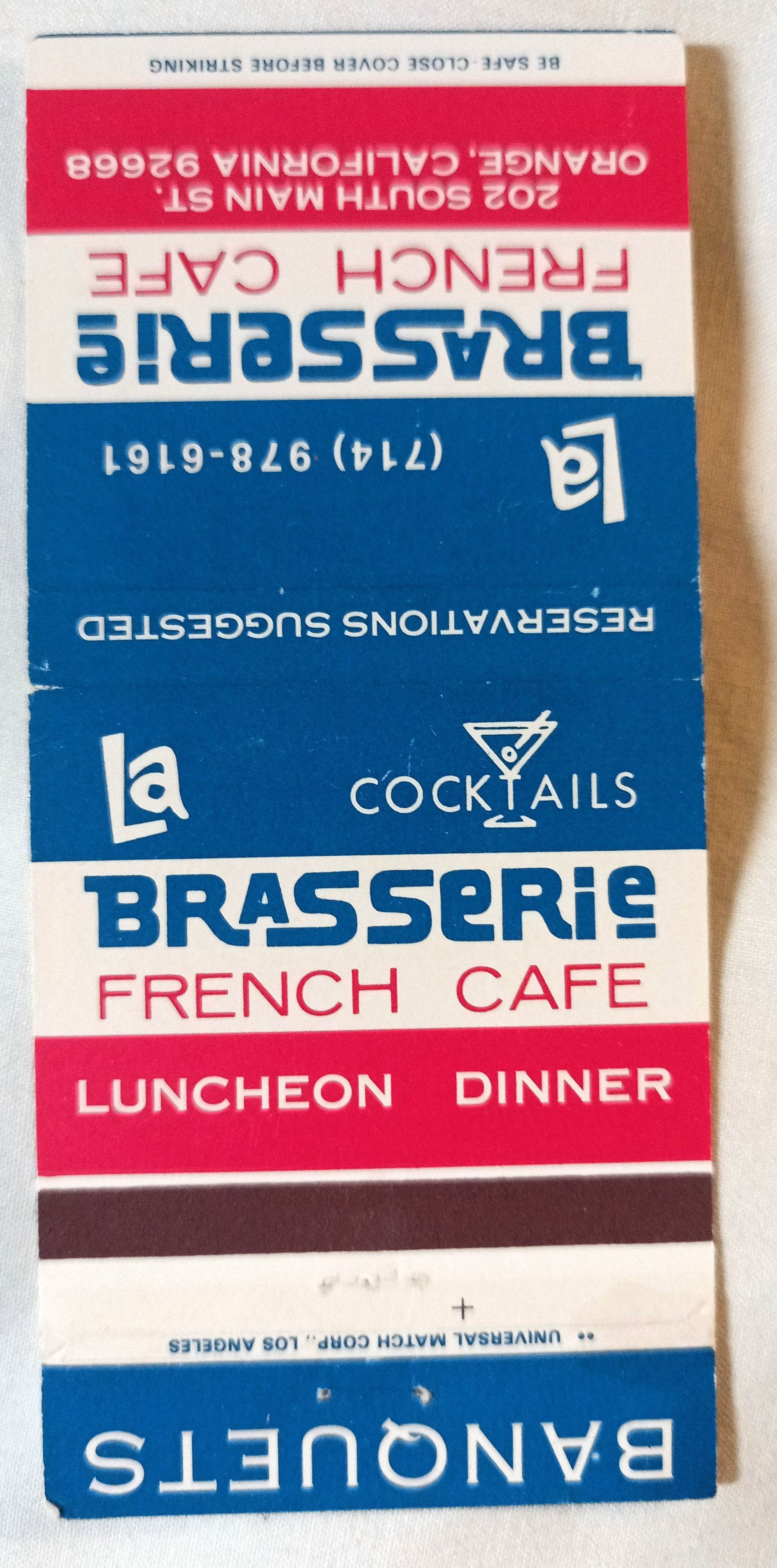 La Brasserie French Cafe Restaurant Orange CA Matchbook Cover 1970's - TulipStuff