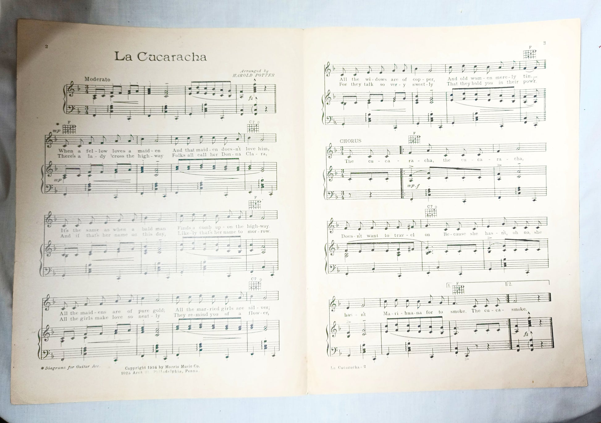 La Cucaracha Mexican Cockroach Song Guitar Chords Sheet Music 1934 - TulipStuff