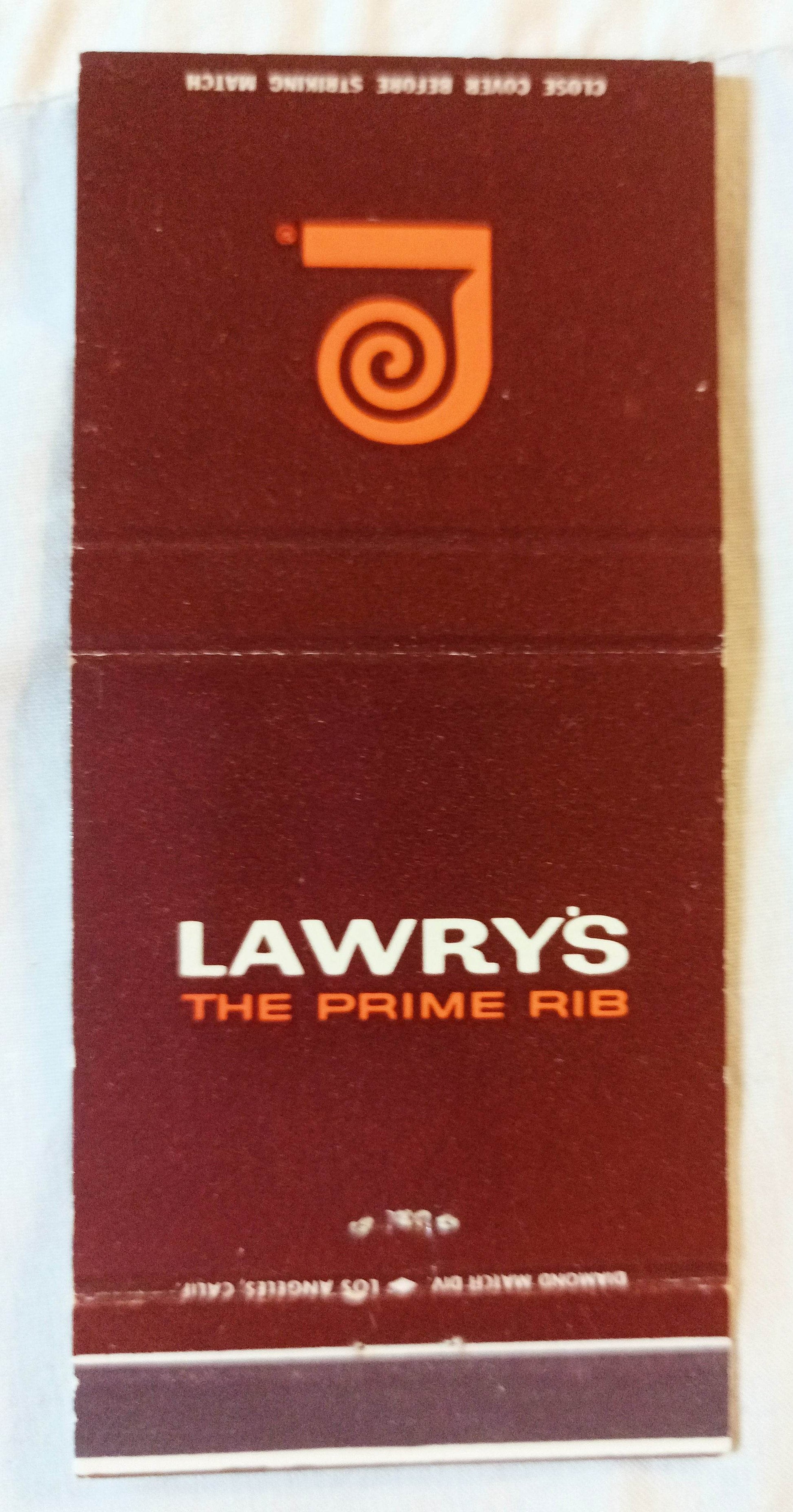 Lawry's The Prime Rib Beverly Hills Matchbook Cover Early 1960's - TulipStuff
