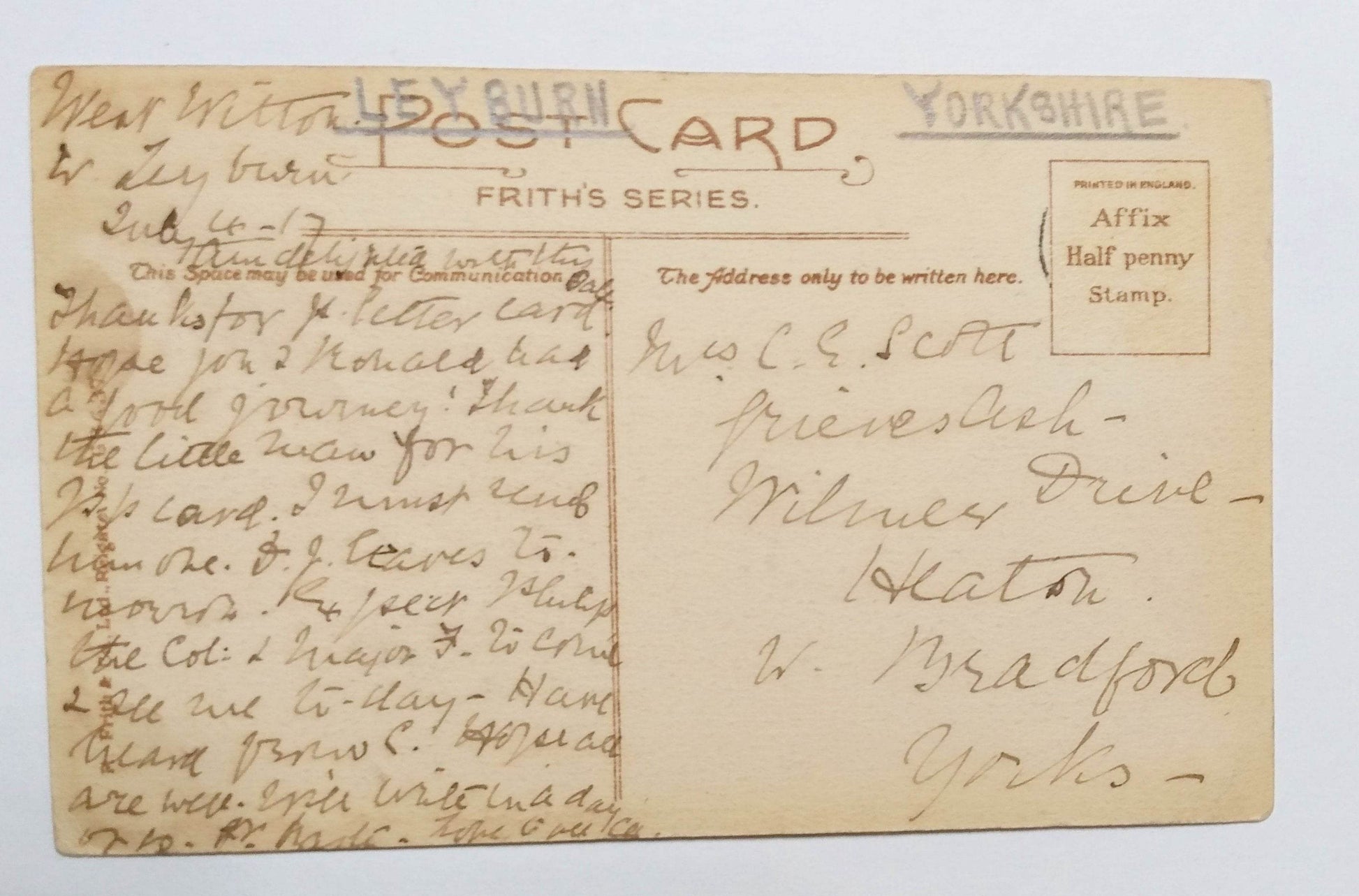 View From Leyburn Shawl North Yorkshire England Frith's 1917 - TulipStuff