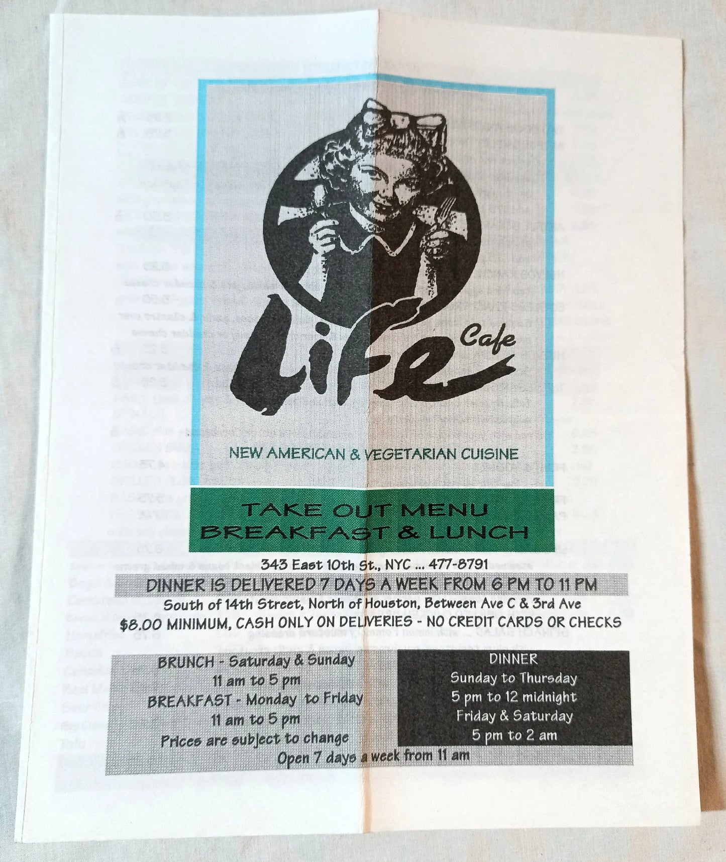 Life Cafe Ave B 10th St East Village NYC Restaurant Takeout Menu 2002 - TulipStuff