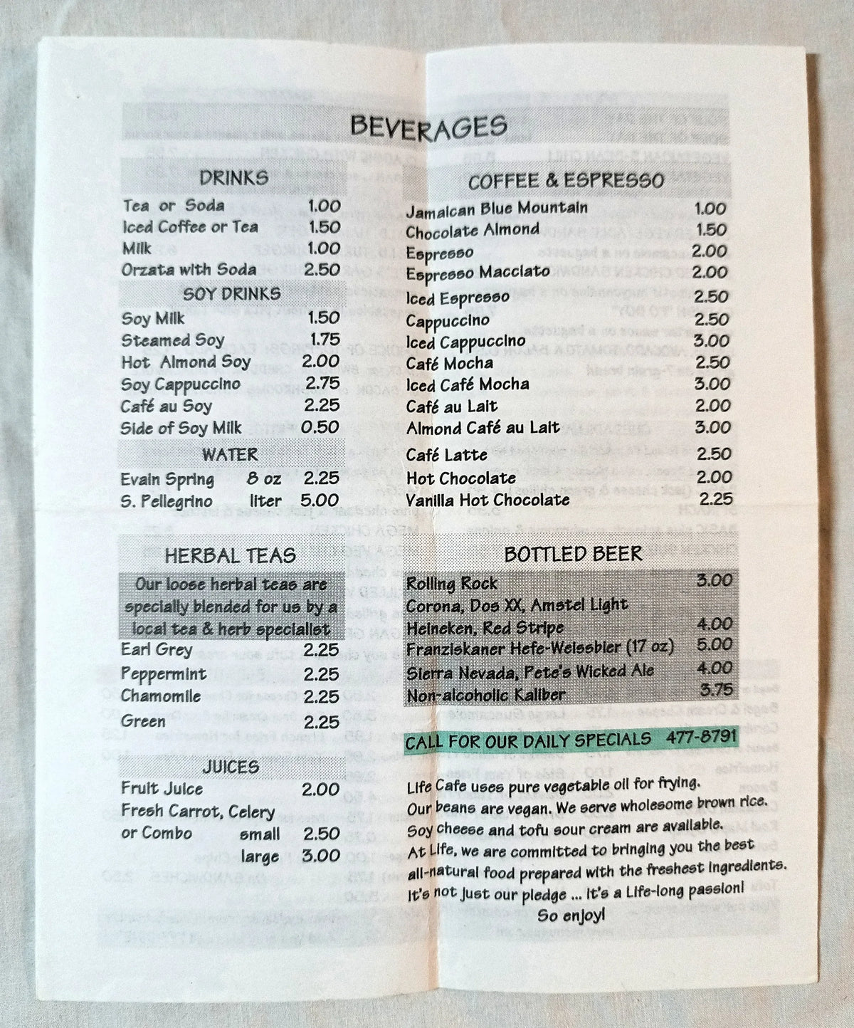 Life Cafe Ave B 10th St East Village NYC Restaurant Takeout Menu 2002 ...