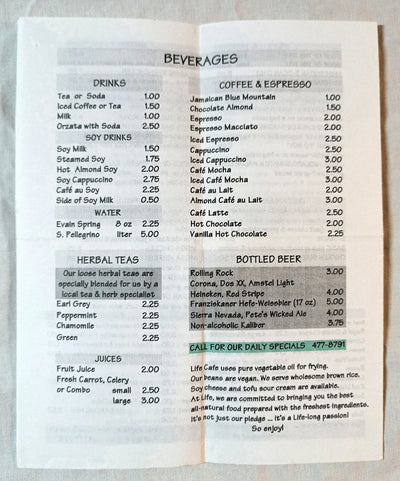 Life Cafe Ave B 10th St East Village NYC Restaurant Takeout Menu 2002 - TulipStuff